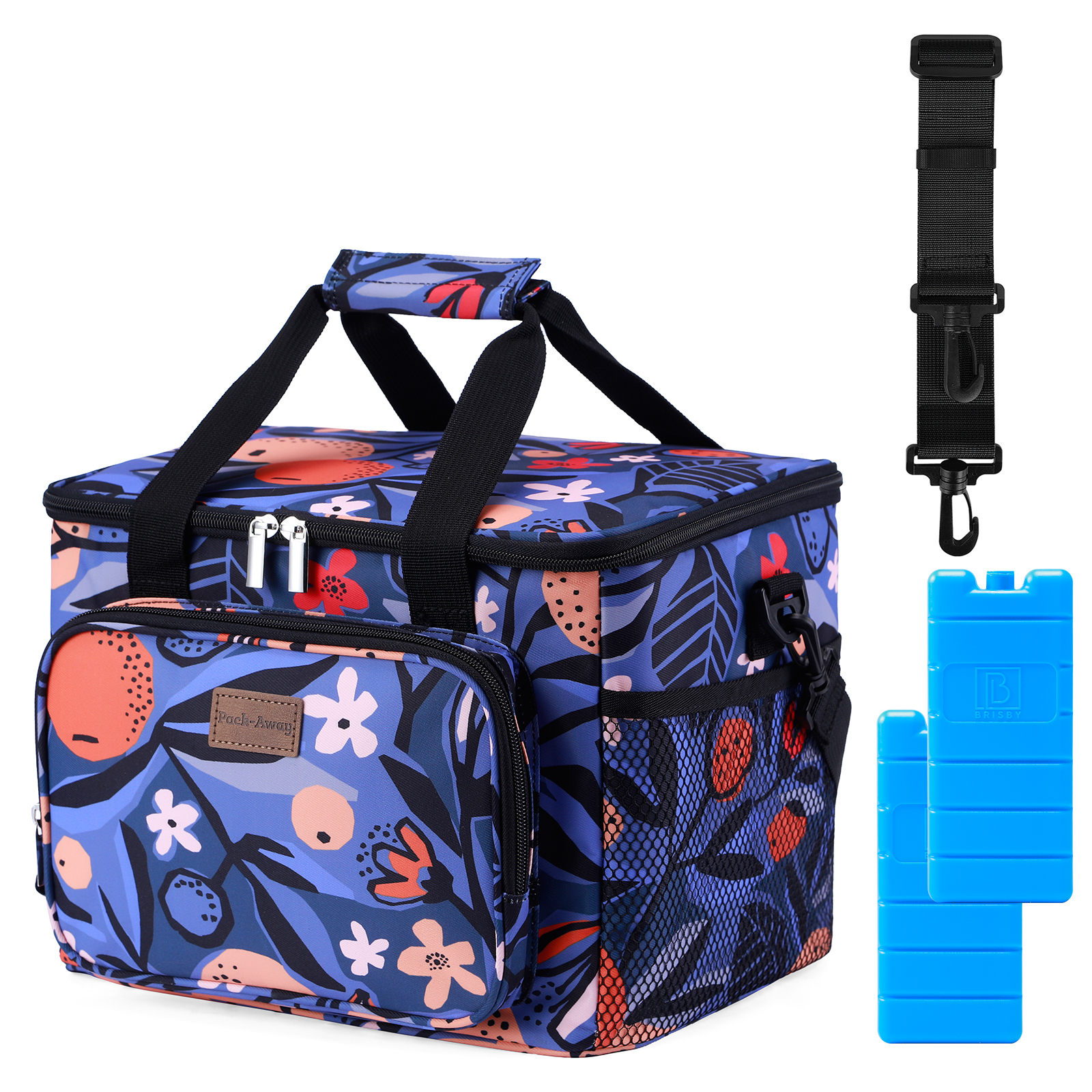 Een bloemenkoeltas met een schouderriem en twee blauwe koelelementen. De tas heeft een rits, een zijvak en een handvat.