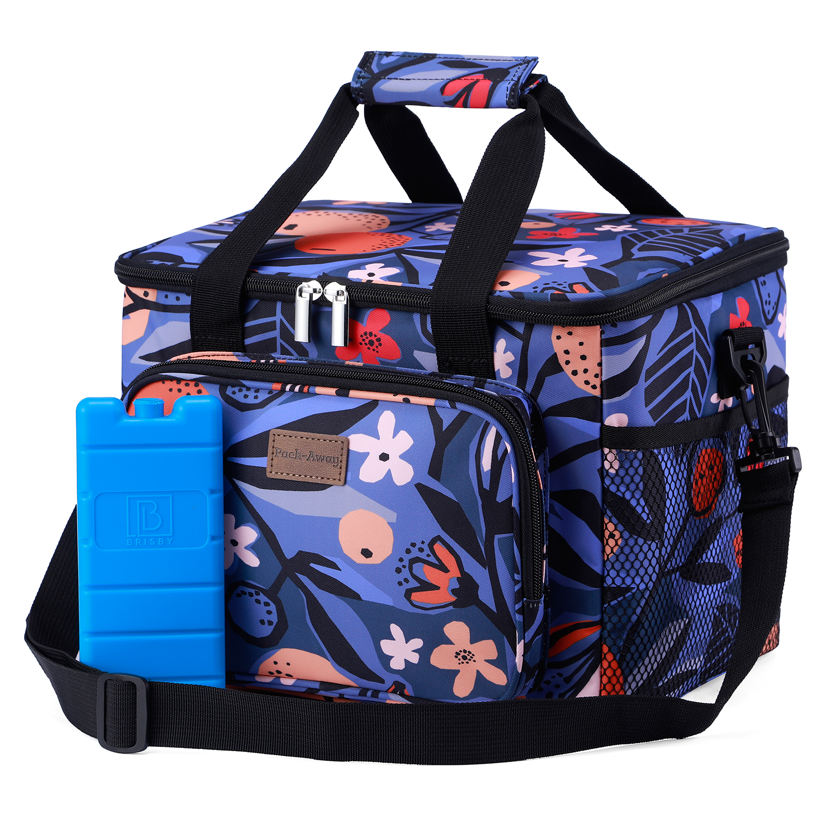 Een bloemenkoeltas met een blauwe koelelement. De tas heeft een zwarte band en handvatten. De achtergrond is wit.