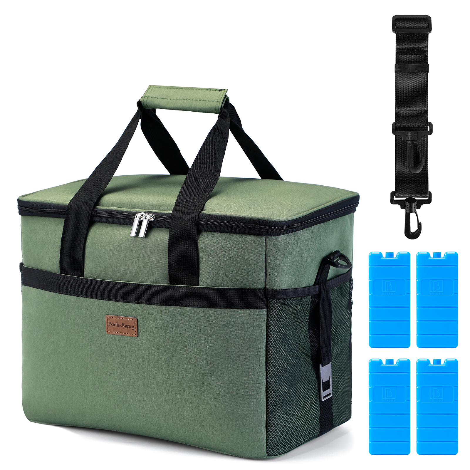 Groene koeltas met zwarte banden, handvat en schouderriem. Inclusief blauwe koelelementen.