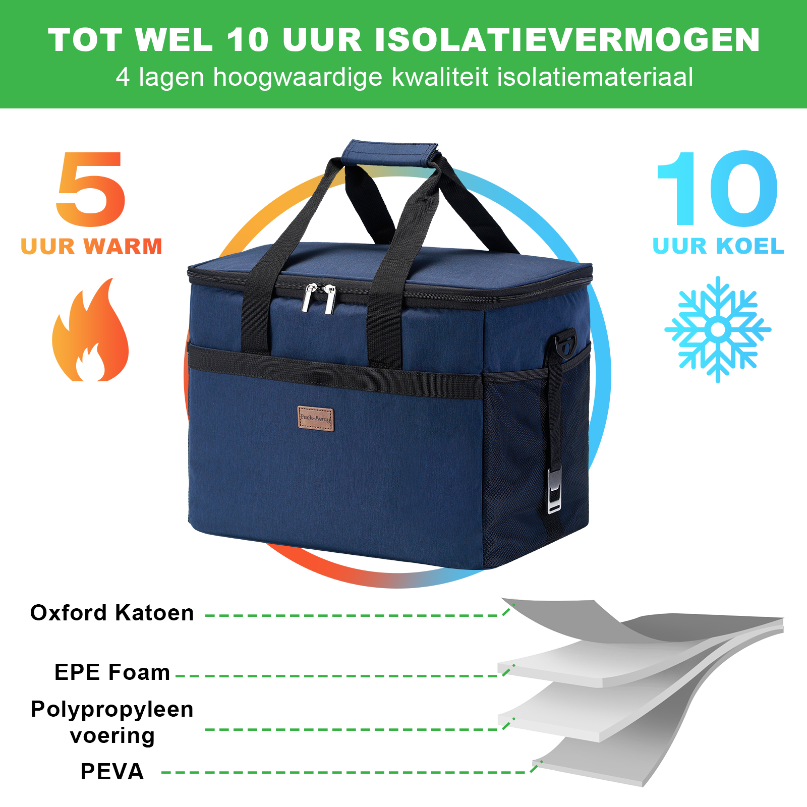 Blauwe koeltas. Tekst geeft 5 uur warm, 10 uur koud aan. Lagen: Oxford, EPE-schuim, polypropyleen, PEVA.