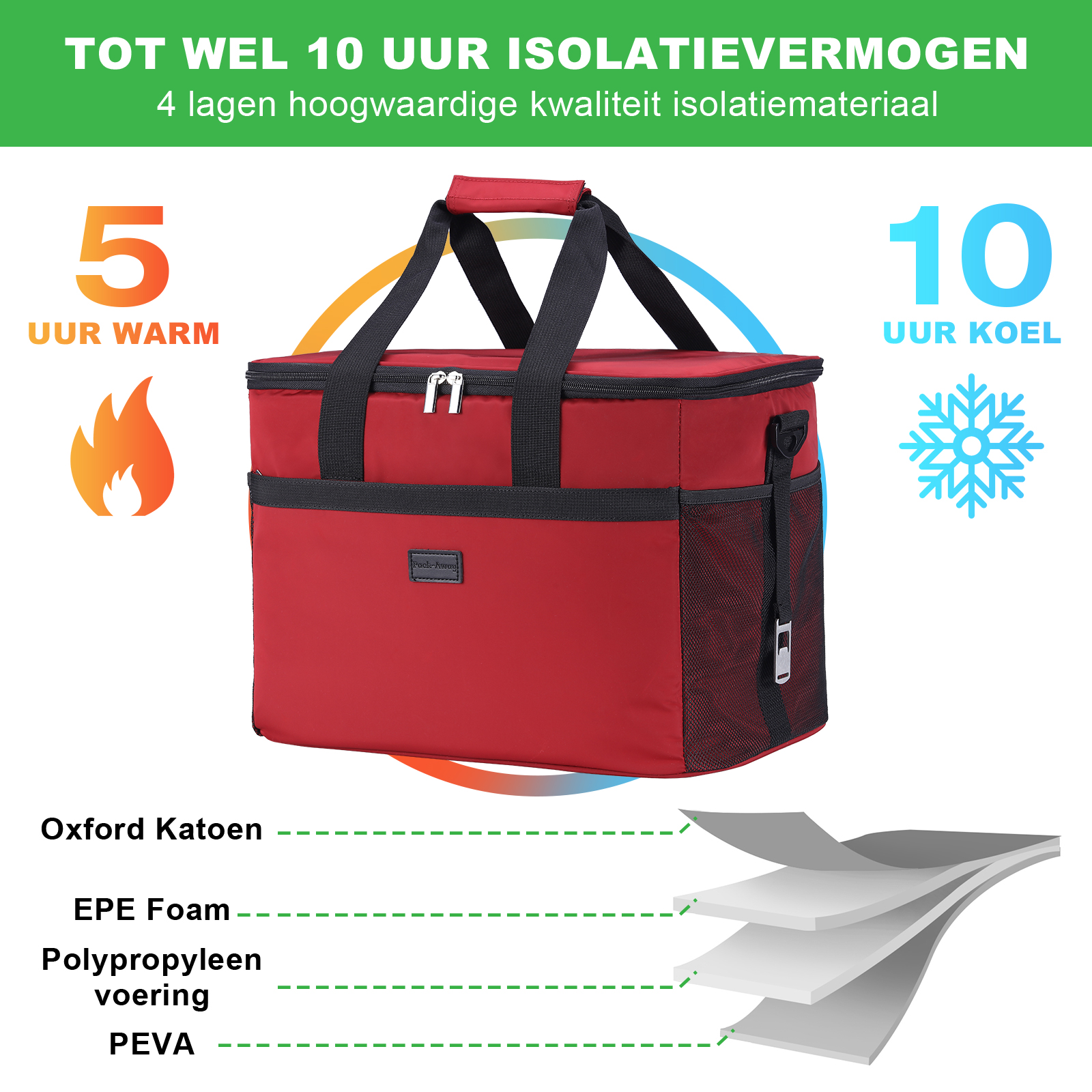 Rode koeltas met zwarte handvatten, een vlam-icoon en een sneeuwvlok. Tekst: 5 uur warm, 10 uur koel.