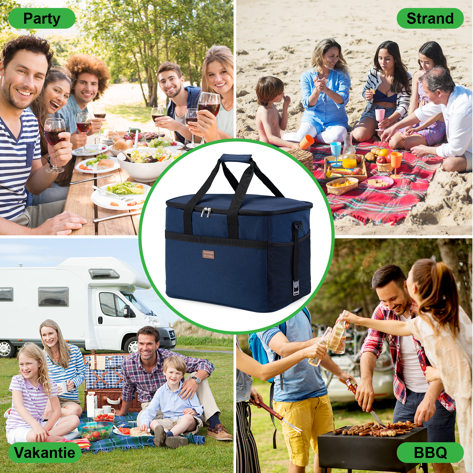 Een picknickkoeler omringd door beelden van buijevenementen: een feest, strandscène, familiepicknick en barbecue.