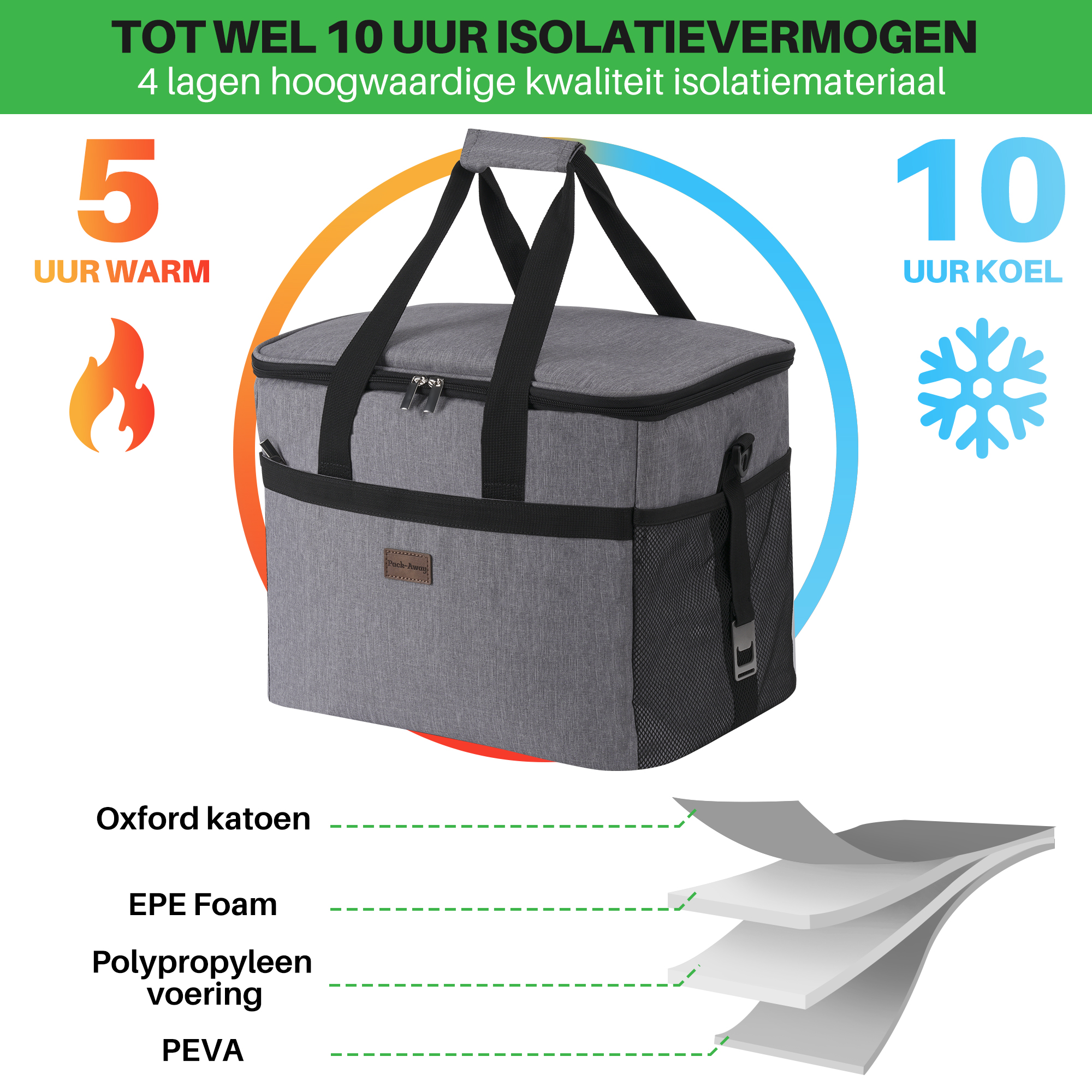 Een grijze koeltas met zwarte banden, geëtiketteerd voor 5 uur warm en 10 uur koud. Het heeft 4 isolatielagen.