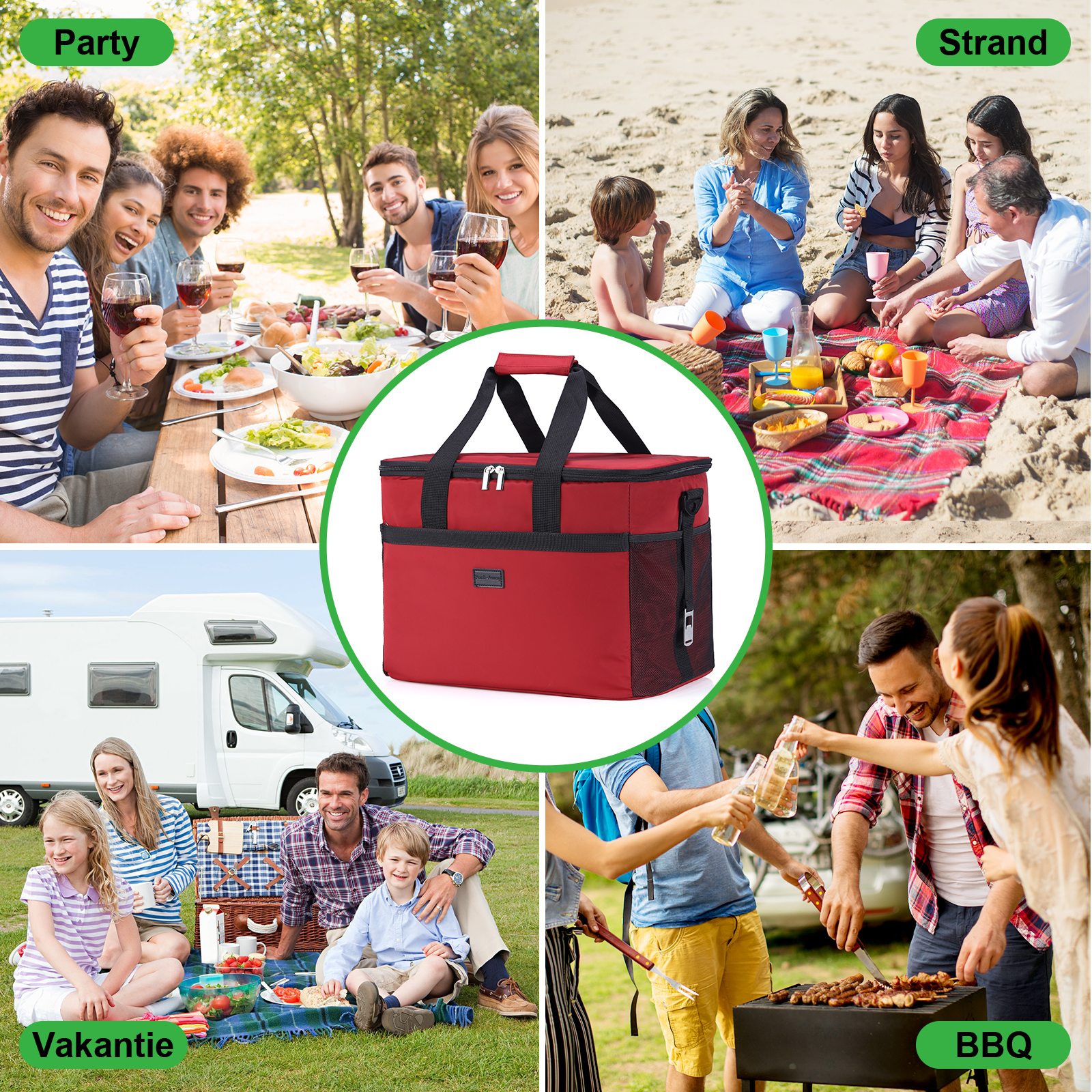 Afbeelding toont groepen mensen op een feest, strand, BBQ, en een gezin op een picknick, samen met een rode koeltas.