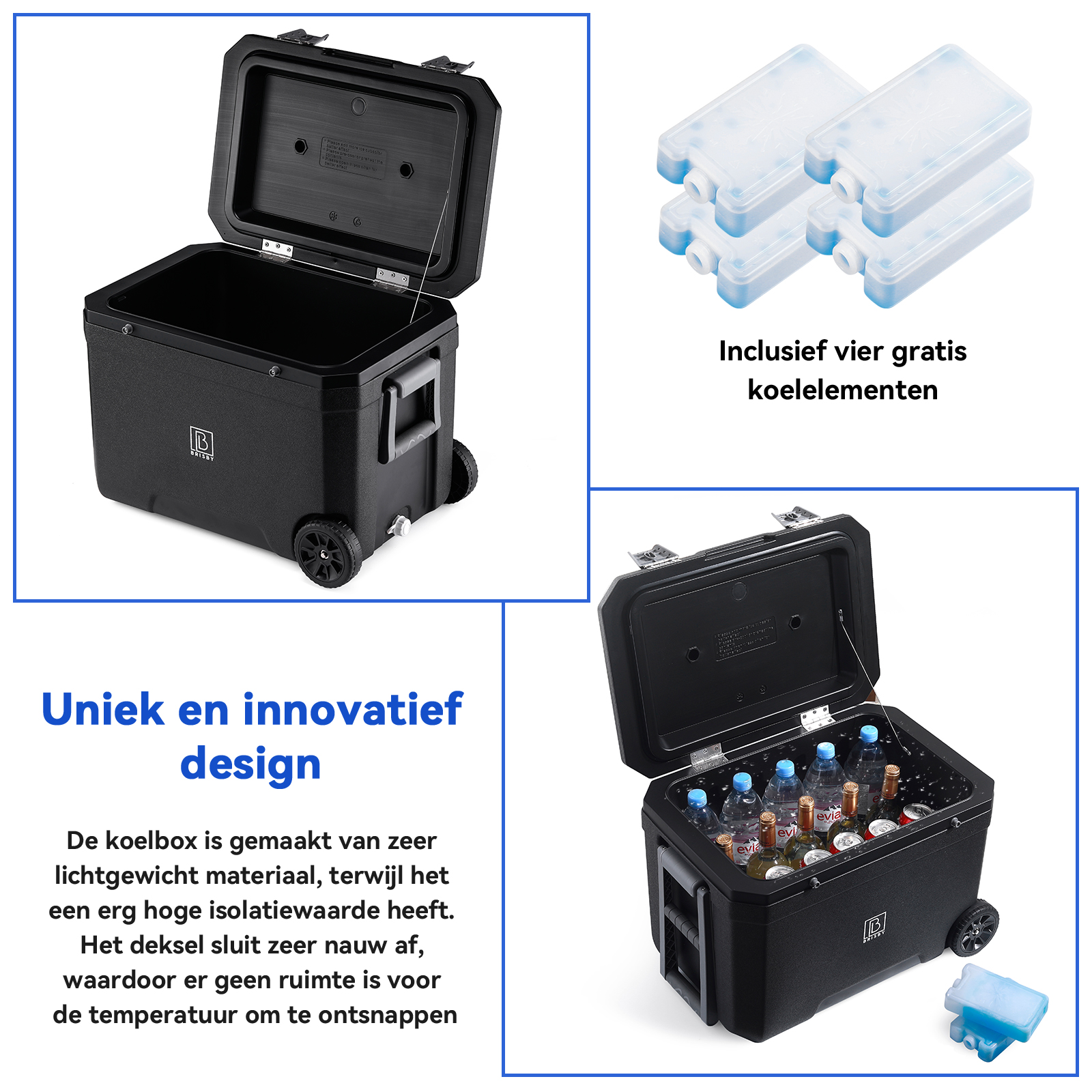 Een zwarte koeler met open deksel, flessen erin. Ijspakken worden getoond. Tekst geeft aan dat het lichtgewicht en innovatief is.