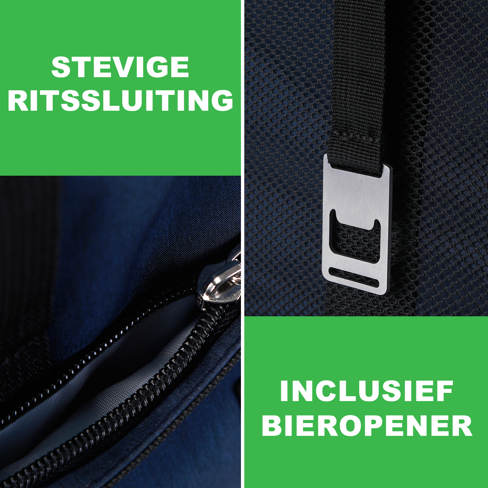 Afbeelding toont een rits, een flesopener en tekst in het Nederlands. De tekst zegt 'stevige rits' en 'inclusief flesopener'.