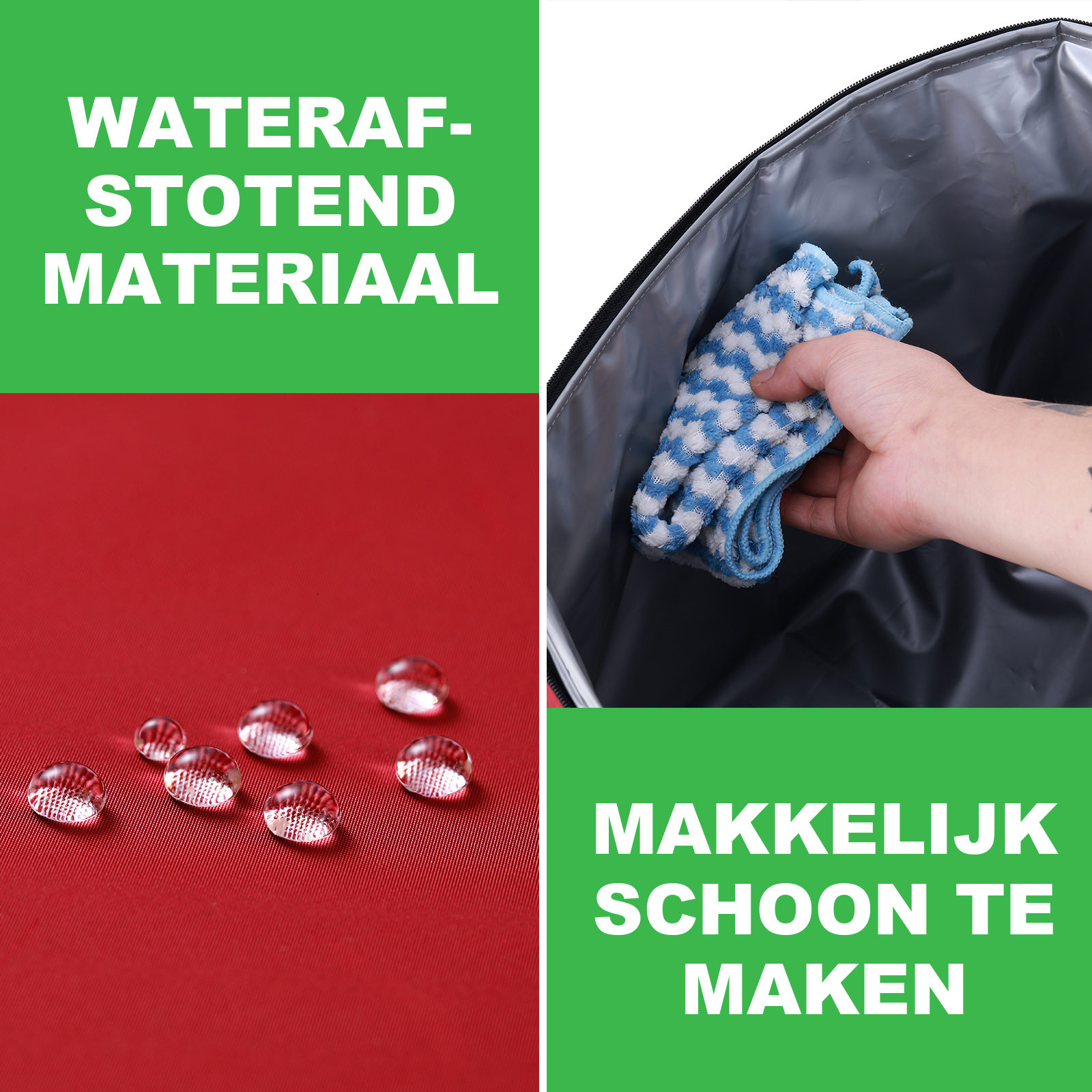 Afbeelding toont rode stof met waterdruppels, een hand die een blauwe doek vasthoudt, en tekst: Waterdicht materiaal, gemakkelijk schoon te maken.