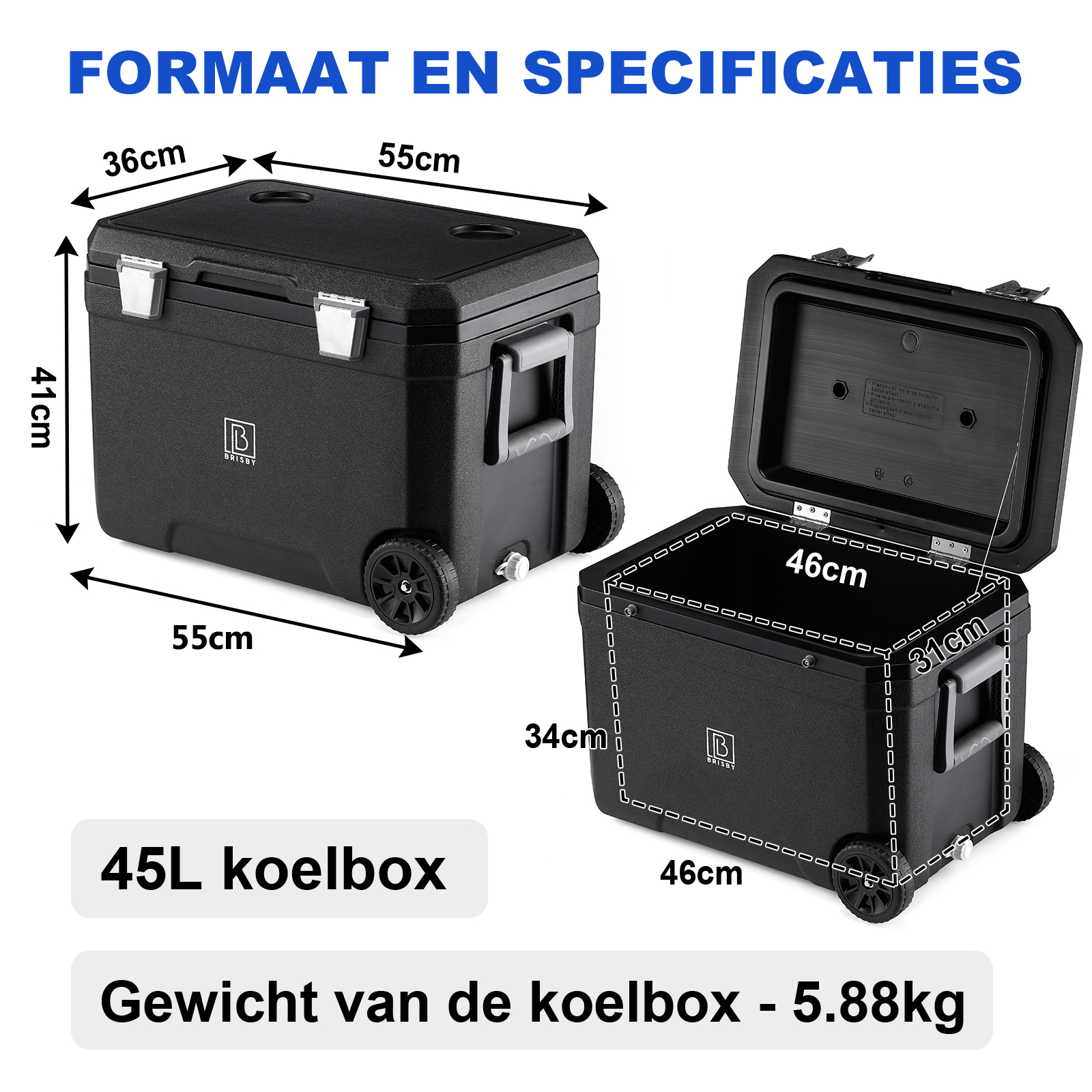 Afbeelding toont twee zwarte koelboxen met afmetingen, een logo en tekst in het Nederlands. Eén is open.