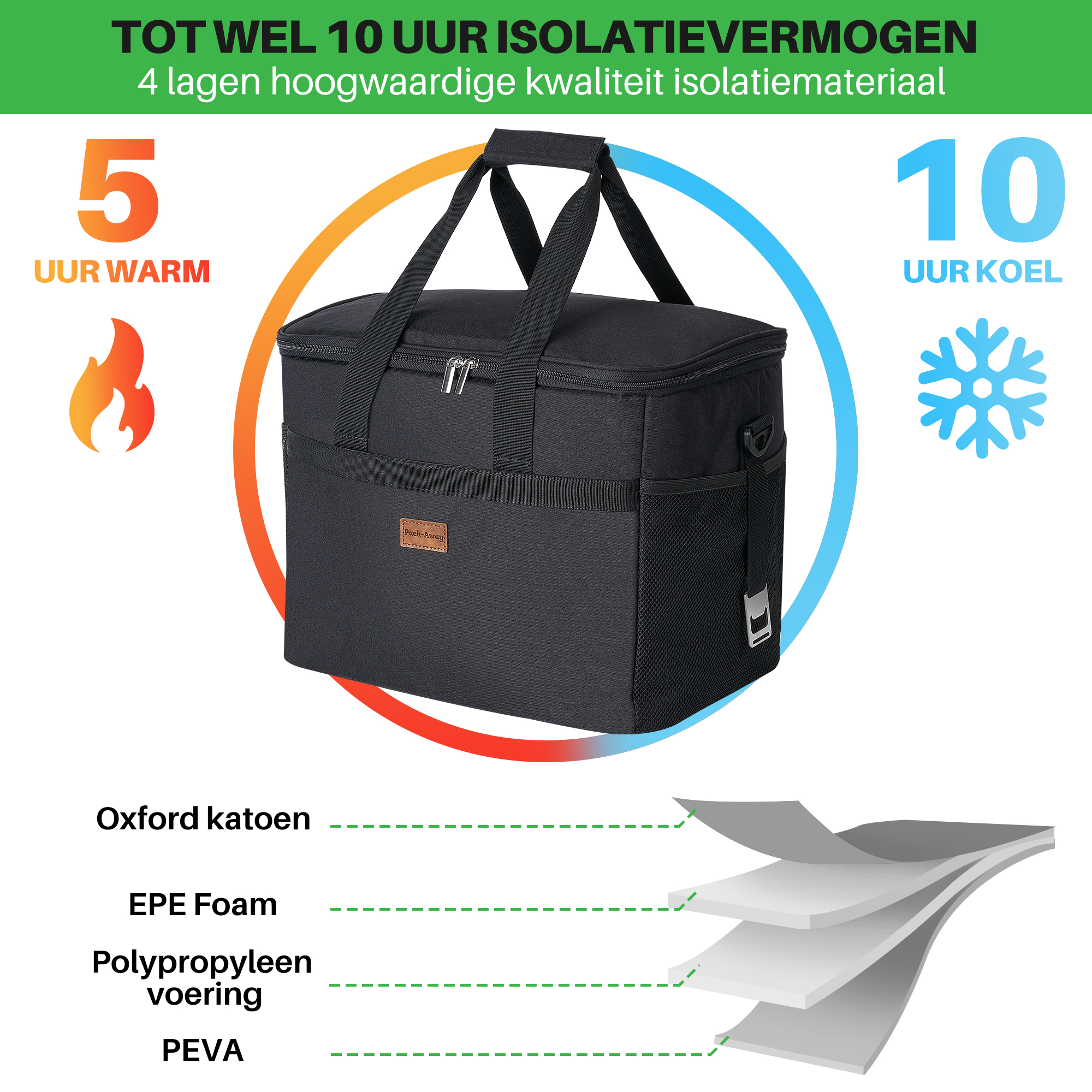 Zwarte geïsoleerde koeltas met handvatten. Toont 5 uur warm, 10 uur koel. Lagen: Oxford katoen, EPE schuim, voering, PEVA.