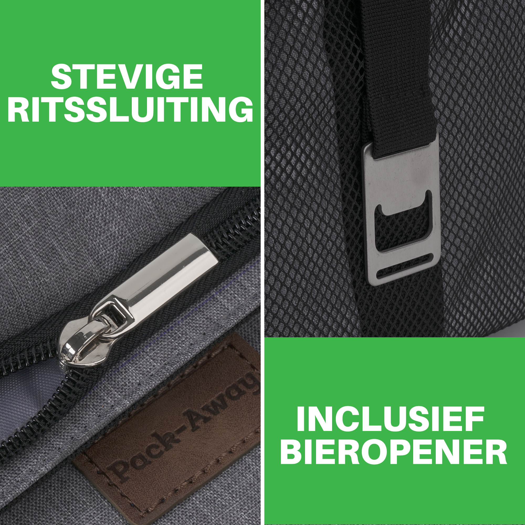 Close-up van een rugzakdetail met rits en flesopener. Grijs mesh-materiaal en een bruin leren label zijn zichtbaar.