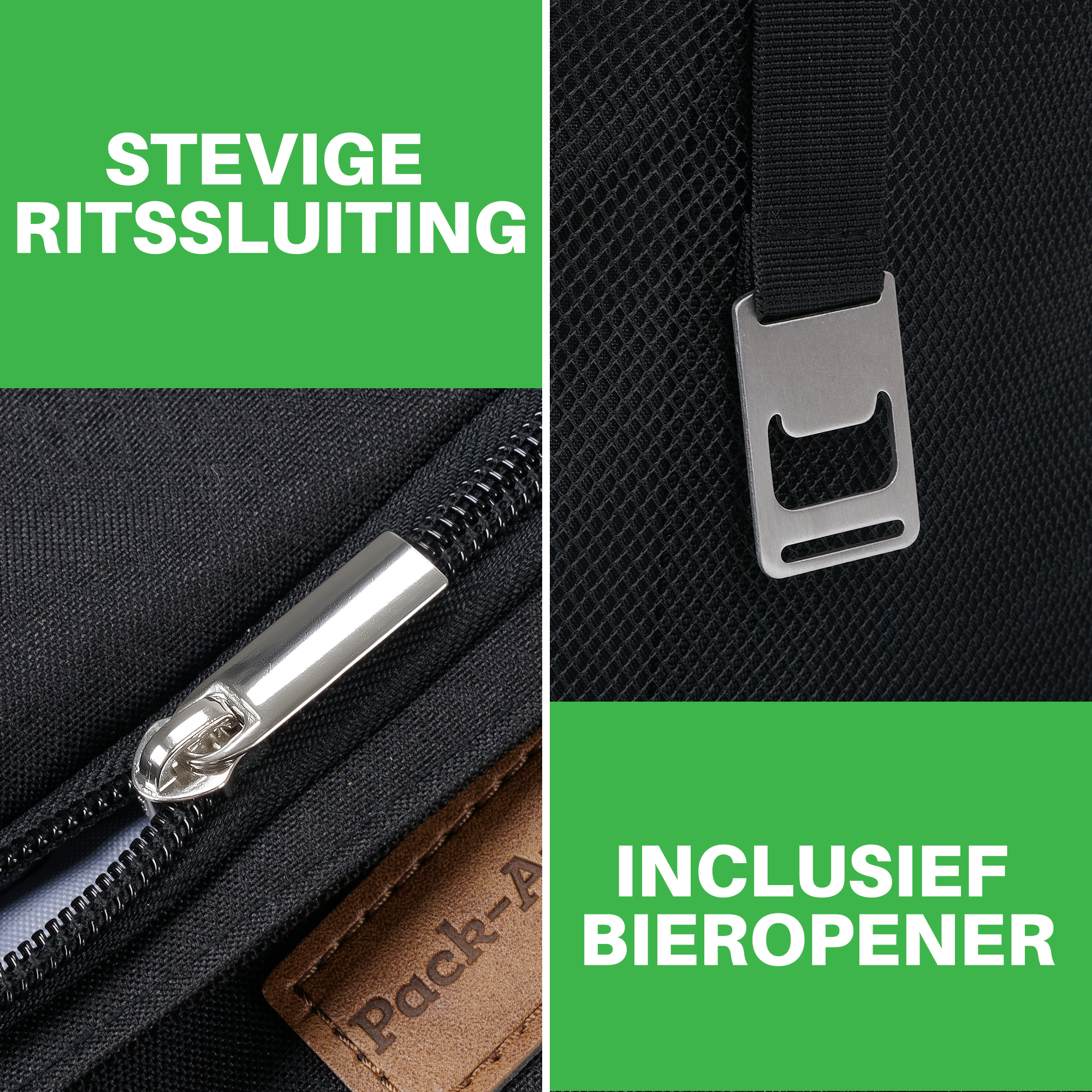 Zwart tasdetail met rits, flesopener en bruin label. Groene blokken met witte tekst: "Sterke rits" en "Inclusief flesopener".