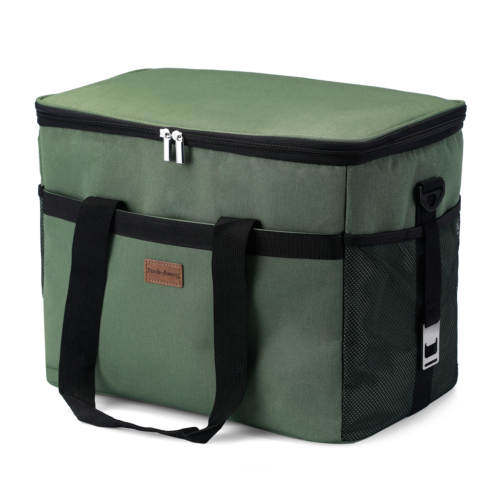 Groene Pack-Away koeltas met zwarte banden en ritsen. Mesh zijvak. Bruine logopatch.