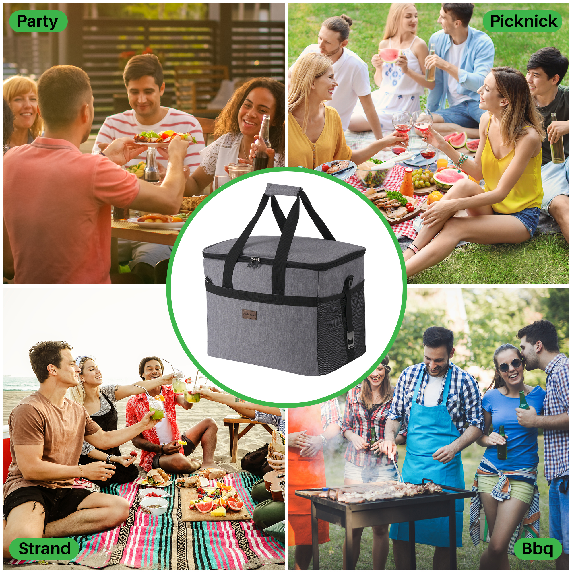 Een koeltas is omringd door afbeeldingen van mensen die genieten van diverse buitenactiviteiten zoals feesten, picknicks en barbecues.