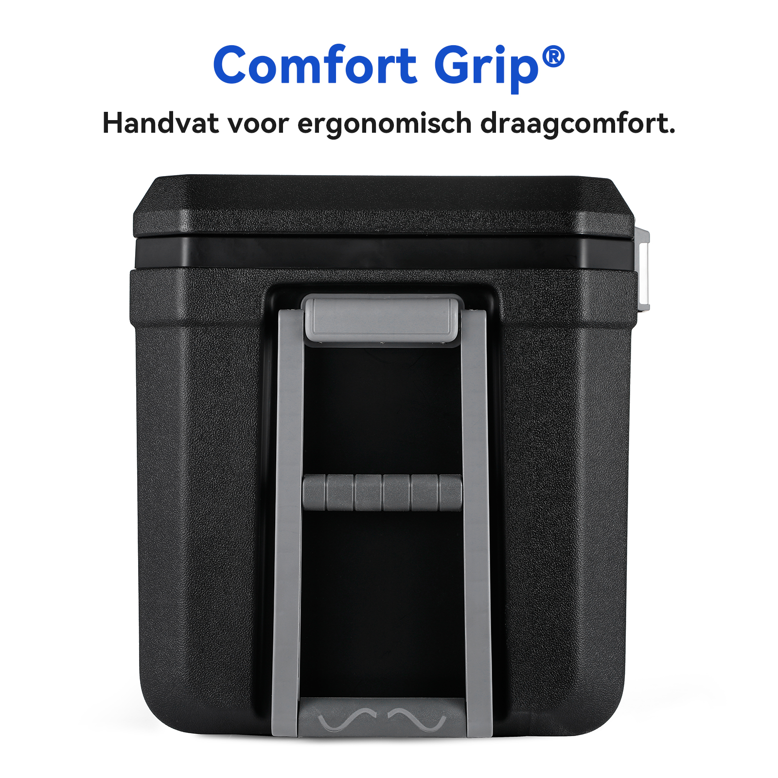 Zwarte koelbox met grijze handgreep. Tekst luidt 'Comfort Grip' en 'Handvat voor ergonomisch draagcomfort'.