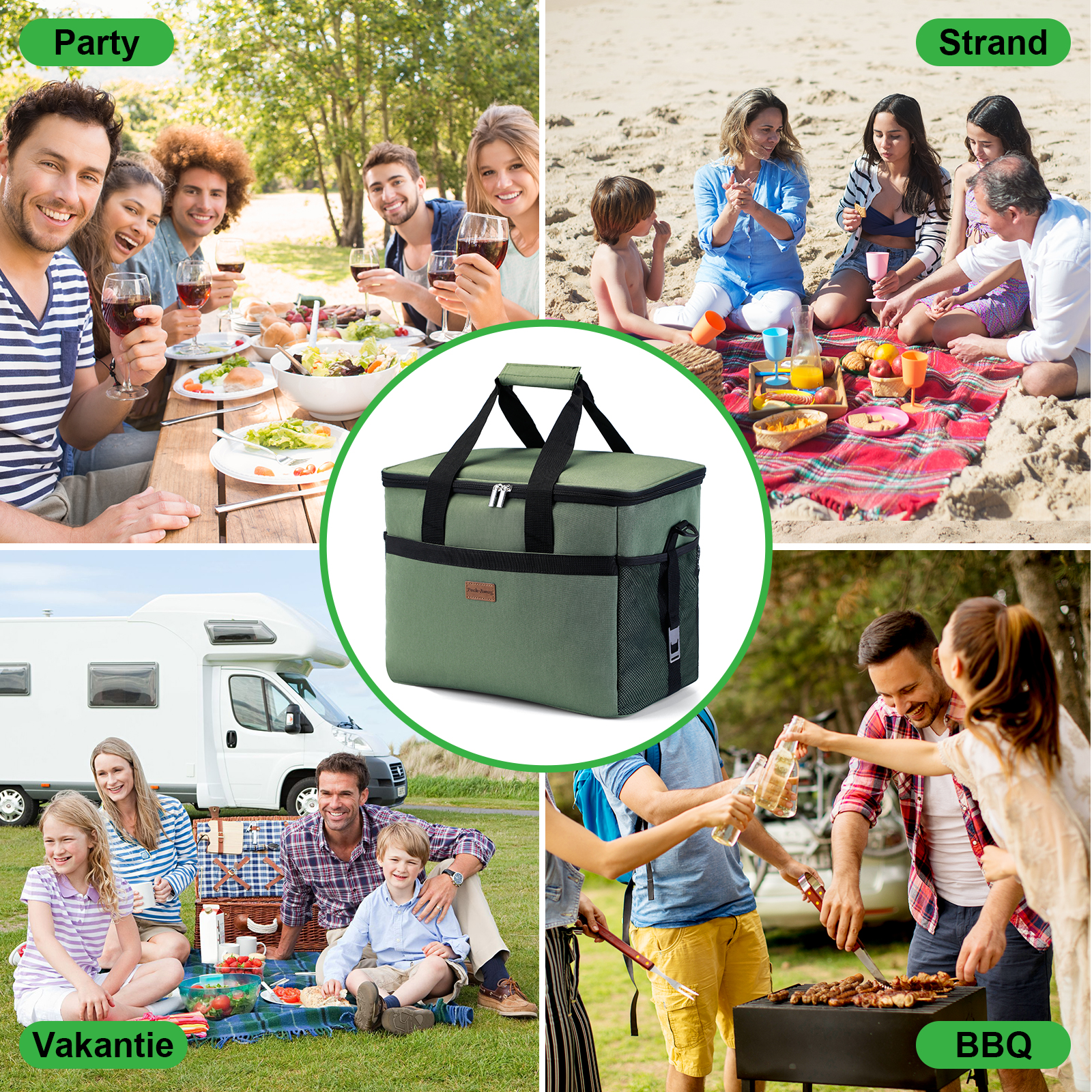 Een collage met mensen die genieten van verschillende buitenactiviteiten zoals feesten, stranduitjes, kamperen en barbecues met een koeler in het midden.