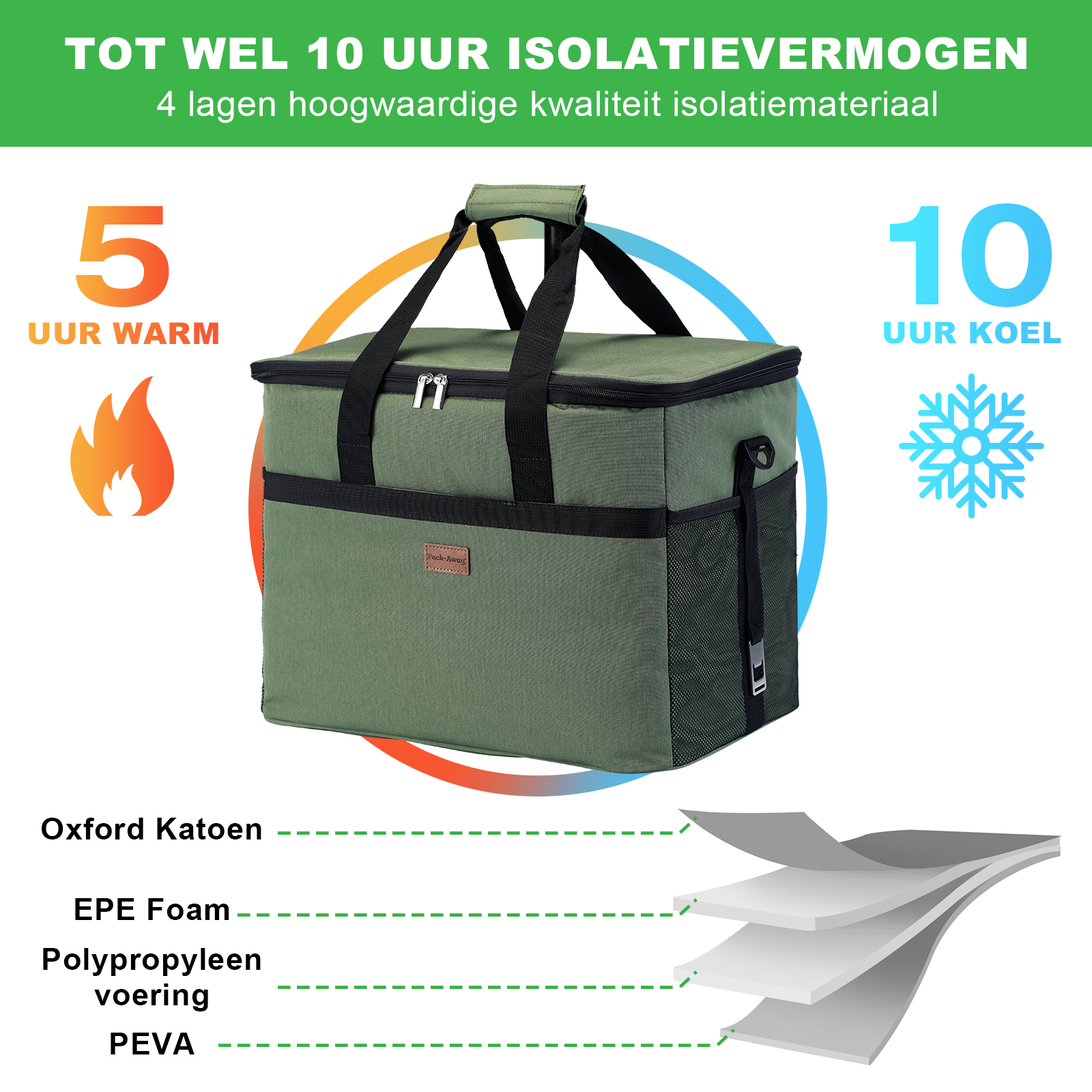 Een groene geïsoleerde koeltas met zwarte banden en een rits. Tekst geeft aan dat het 5 uur warm en 10 uur koel houdt.