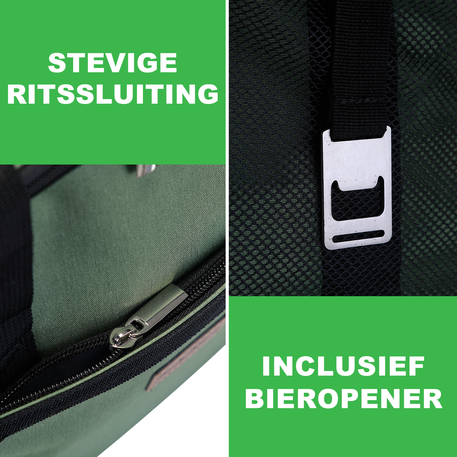 Close-up van een groene tas met rits en flesopener. Tekst in het Nederlands.