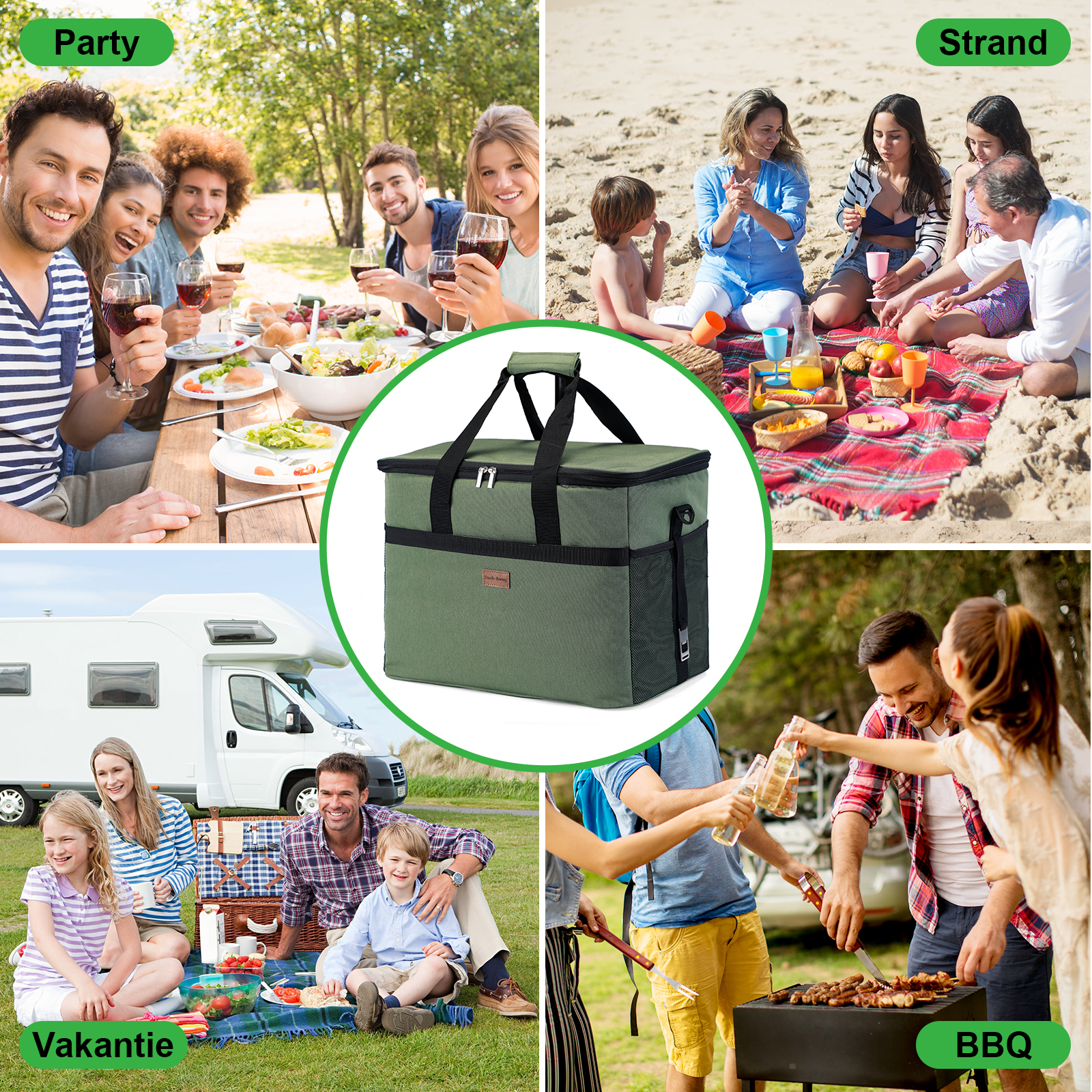 De afbeelding toont scènes van mensen die picknicken, op het strand en barbecueën. Er staat een groene koeltas in het midden van de afbeelding.