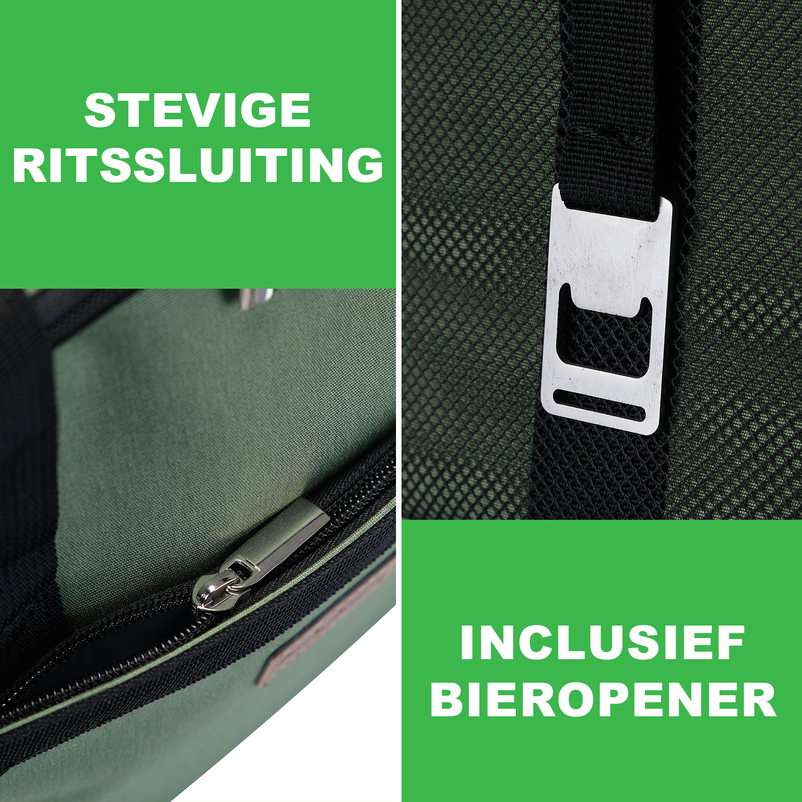 Groene tas detail met rits, flesopener en tekst. Inclusief close-up van de rits en tekst.