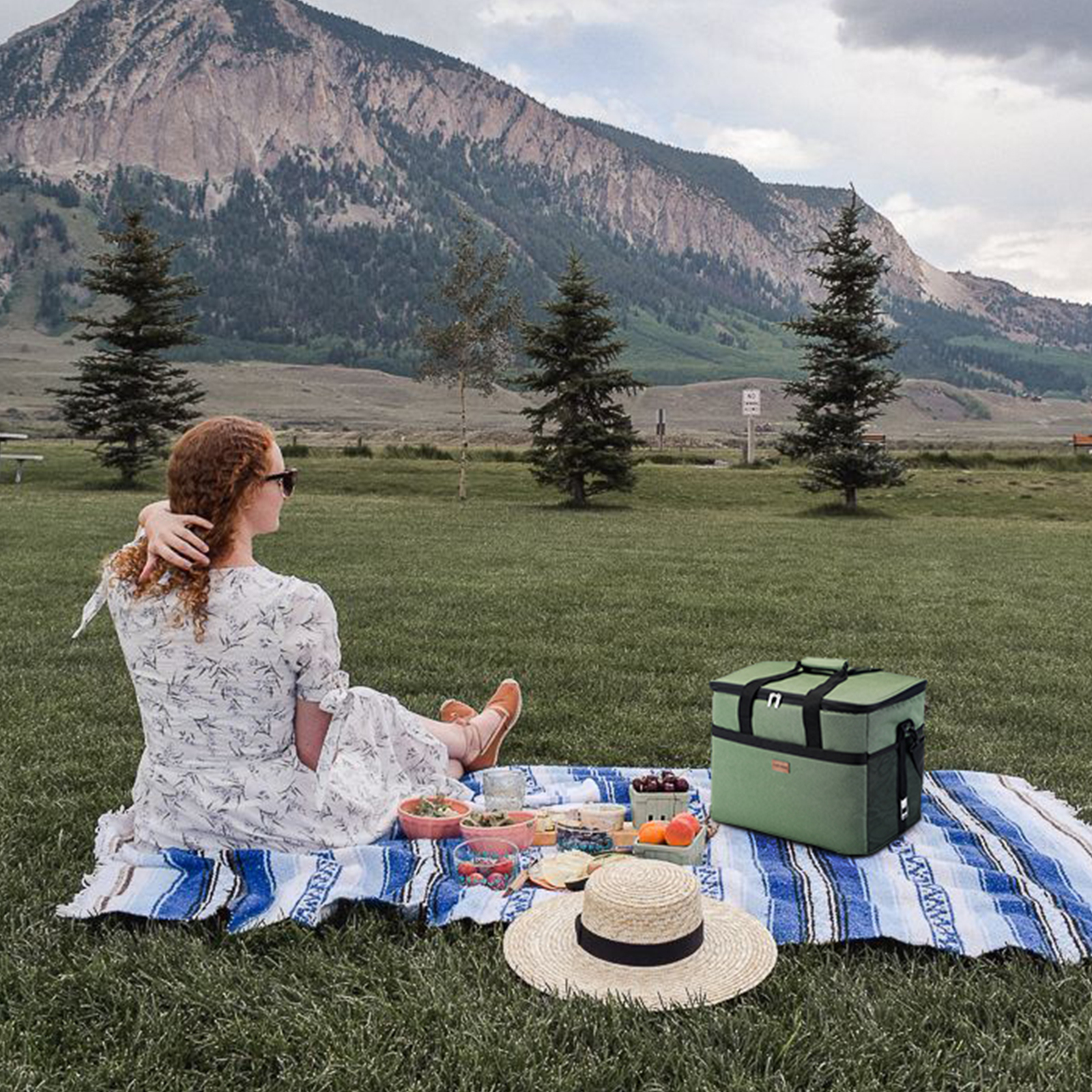 Vrouw in bloemenjurk bij picknick met eten, hoed, koeler en deken op gras, bergen op de achtergrond.