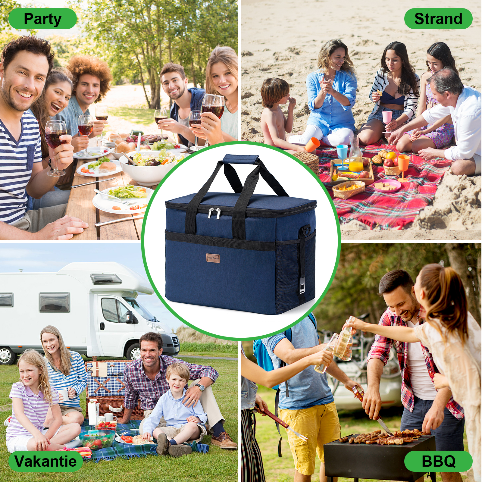 Afbeelding toont scènes van feest, strand, kamperen en barbecueën, met mensen die genieten van eten en drinken. Een blauwe koeltas staat centraal.