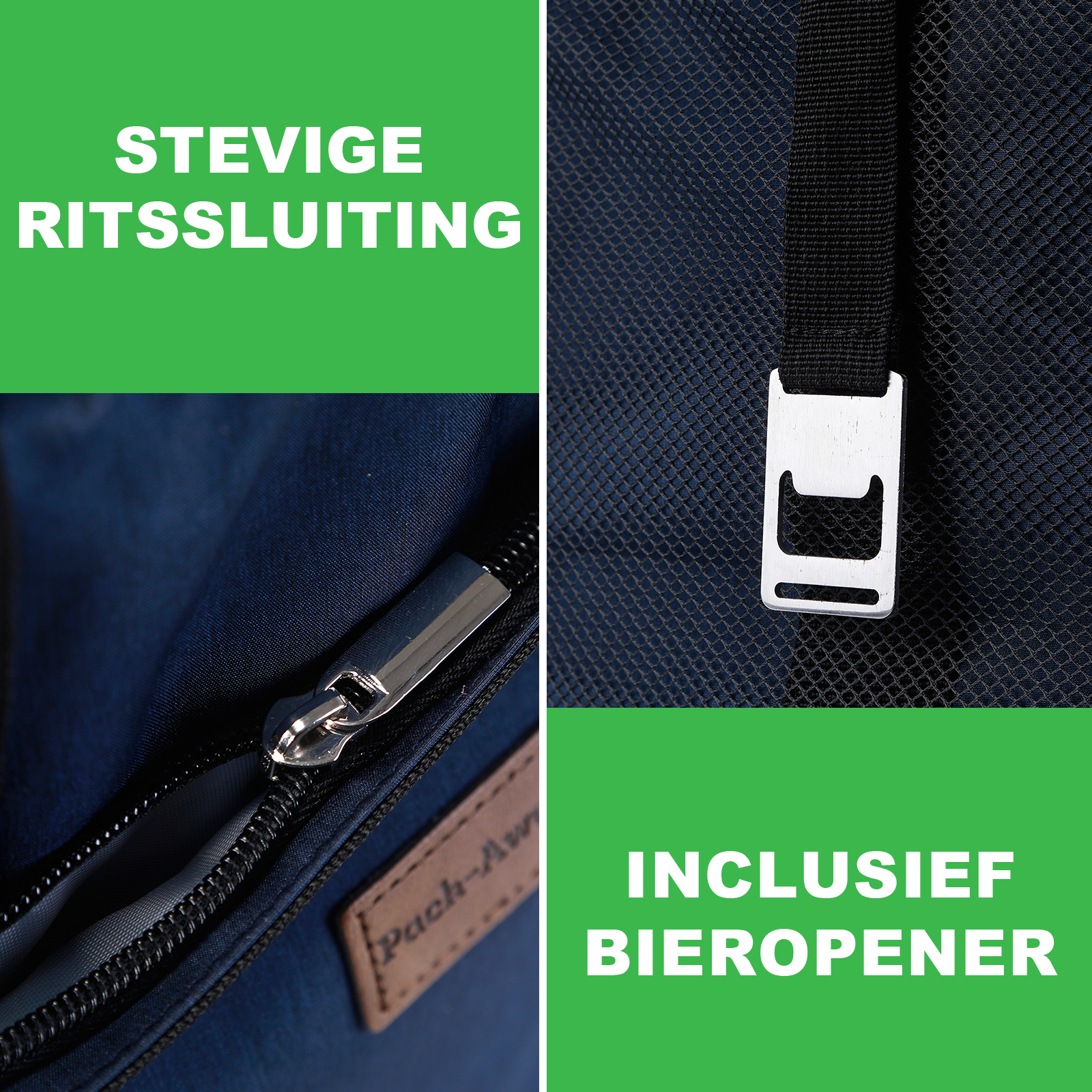 De afbeelding toont een detail van de rugzak. Inclusief een rits, een flesopener en tekst: 'STEVIGE RITSSLUITING' en 'INCLUSIEF BIEROPENER'.