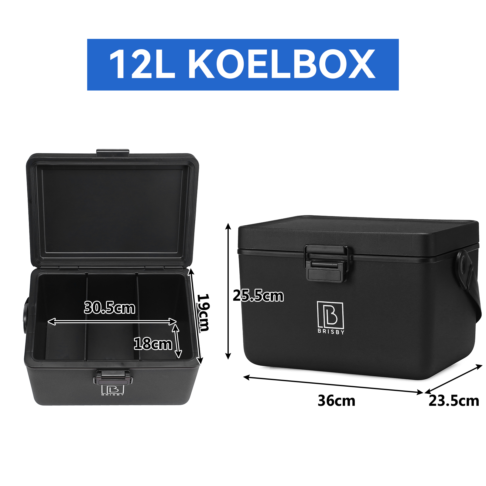 Zwarte 12L Koelbox met afmetingen. De open doos toont compartimenten. Afmetingen worden weergegeven.
