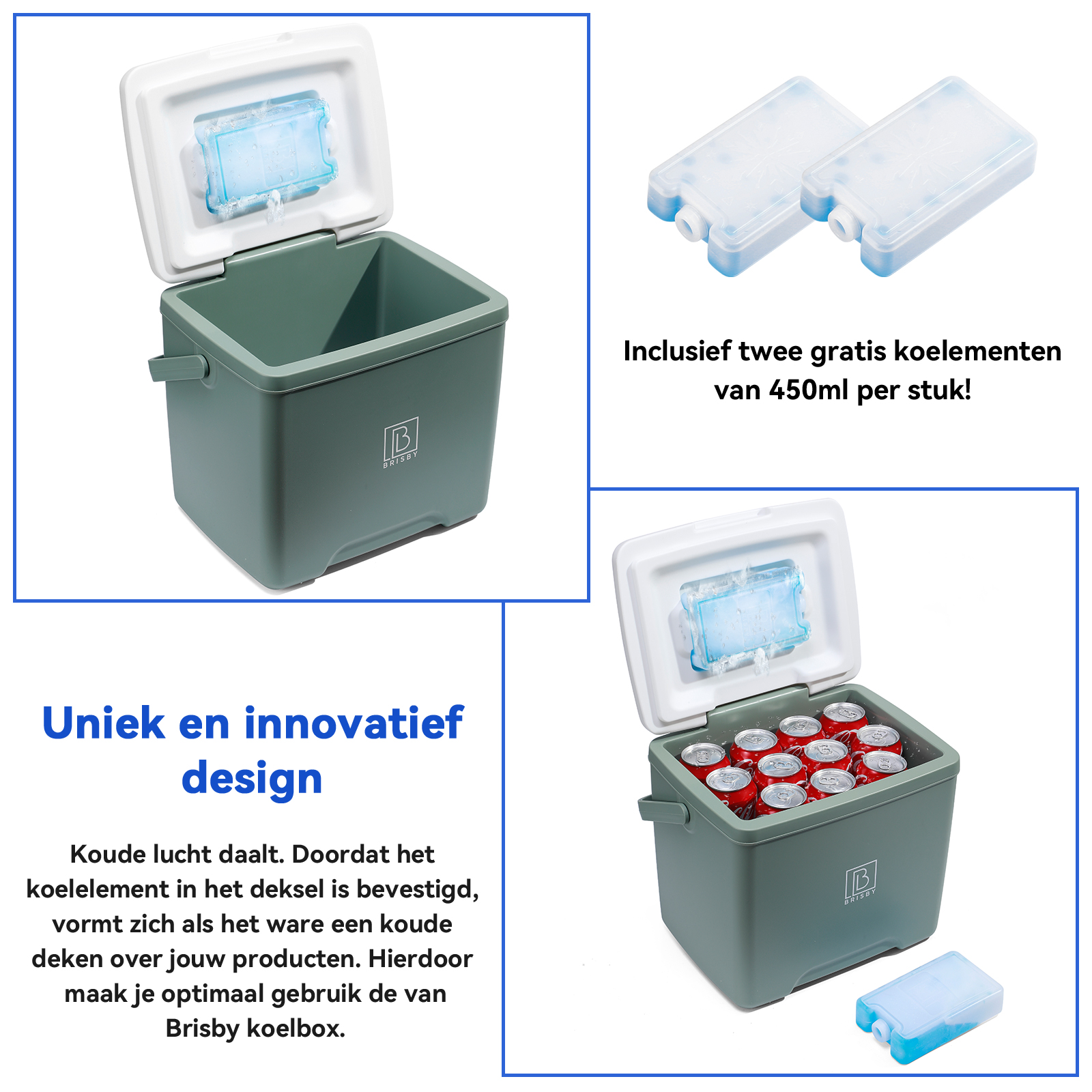 Groene koelbox met wit deksel, koelelement binnenin. Twee koelelementen rechtsboven. Tekst: 'Uniek en innovatief ontwerp'.