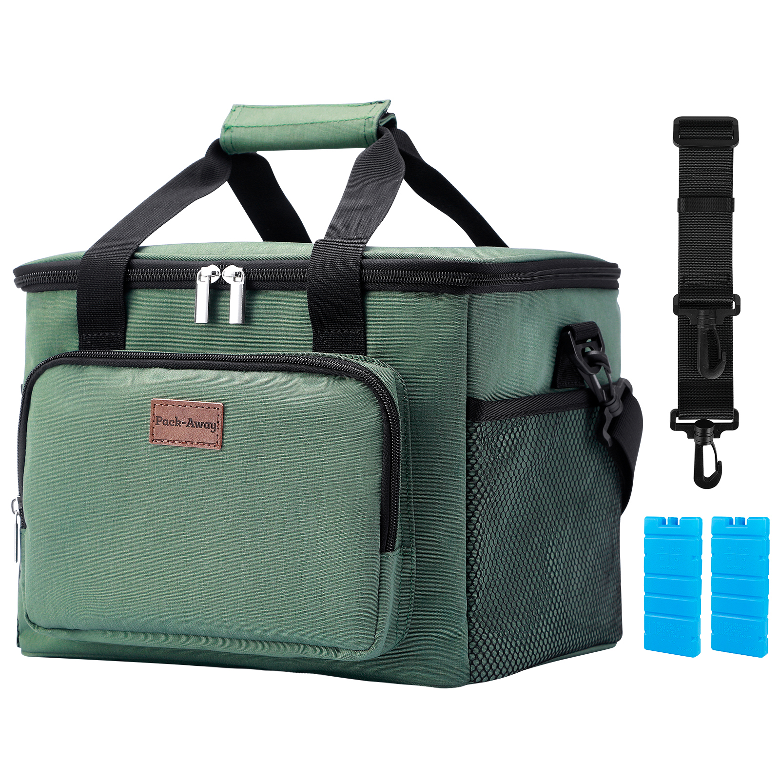 Groene koeltas met zwarte bandjes, een zijvak en koelelementen. Inclusief een schouderriem. Het merk is Pack-Away.