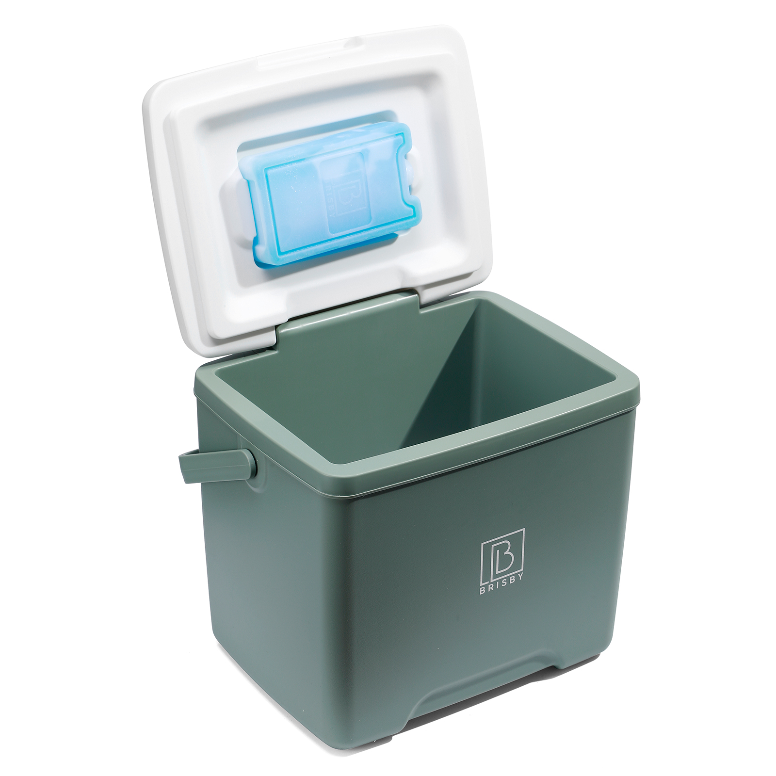 Open groene koeler met wit deksel. Een blauwe icepack zit erin. De koeler heeft een handvat en logo.