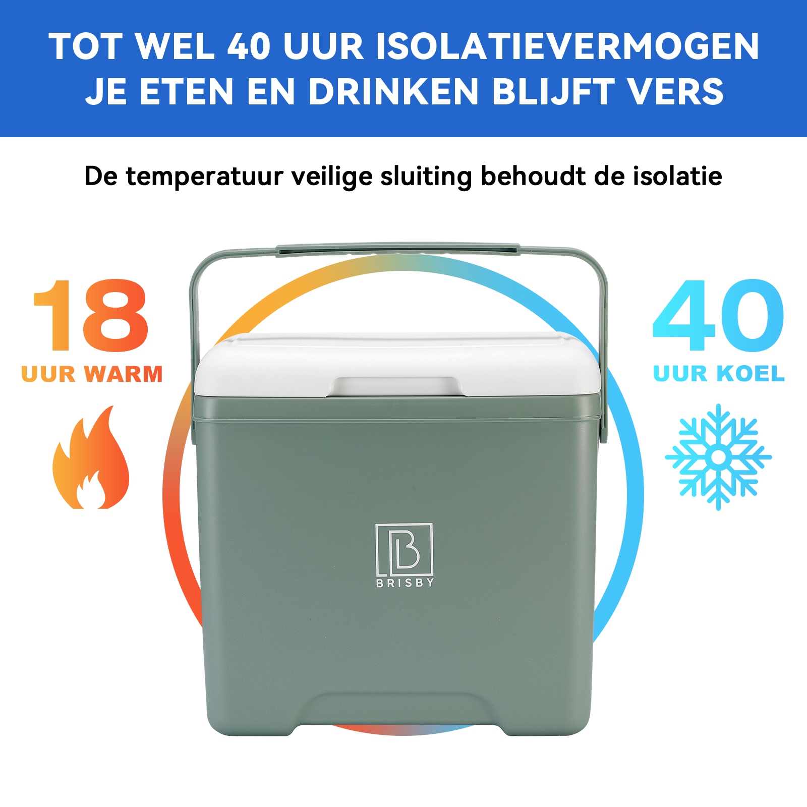 Groene koelbox met wit deksel. Tekst: 40 uur koel, 18 uur warm. Logo: BRISBY.