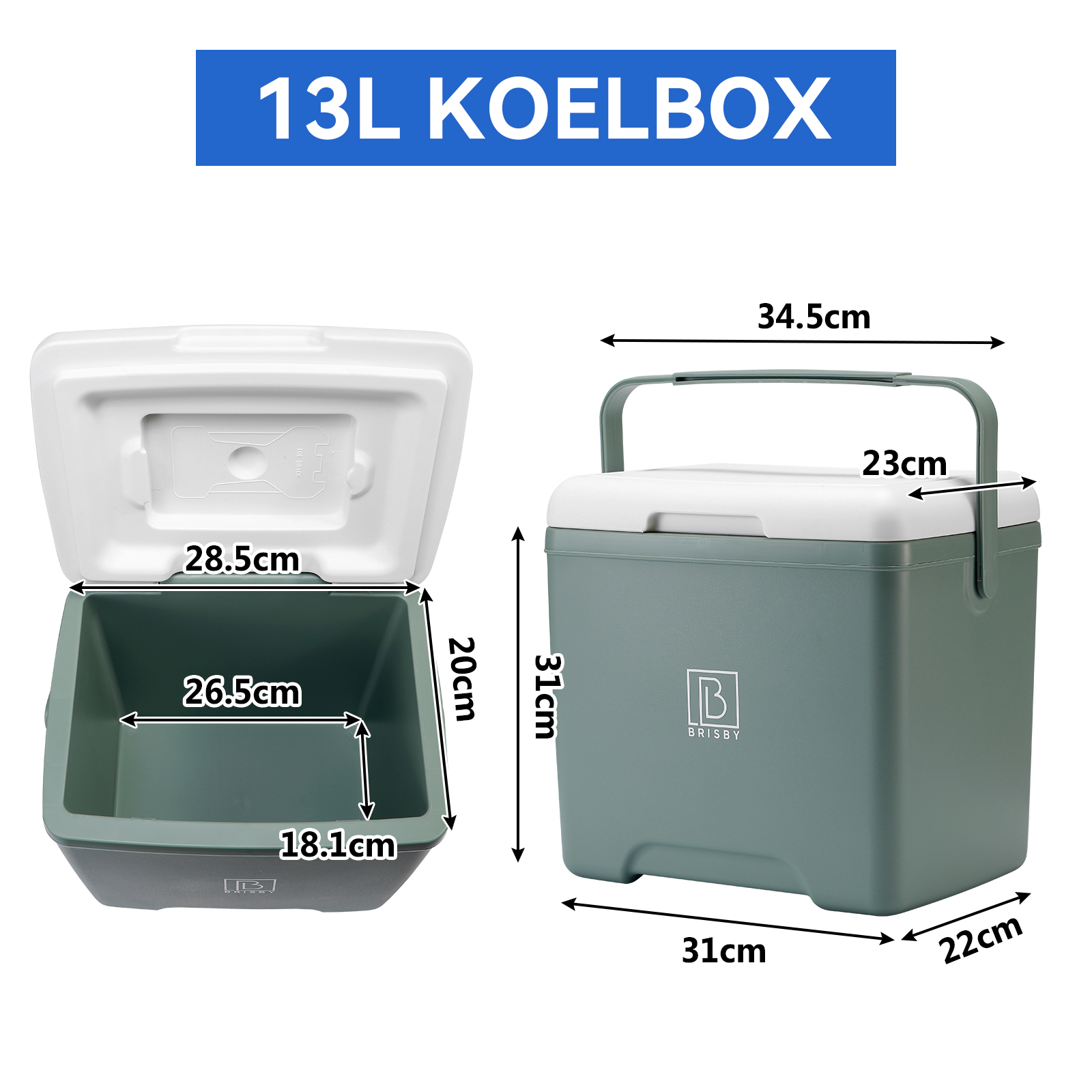 Open koelbox met wit deksel en afmetingen. Groene behuizing met handvat. Blauwe tekst luidt '13L KOELBOX'.