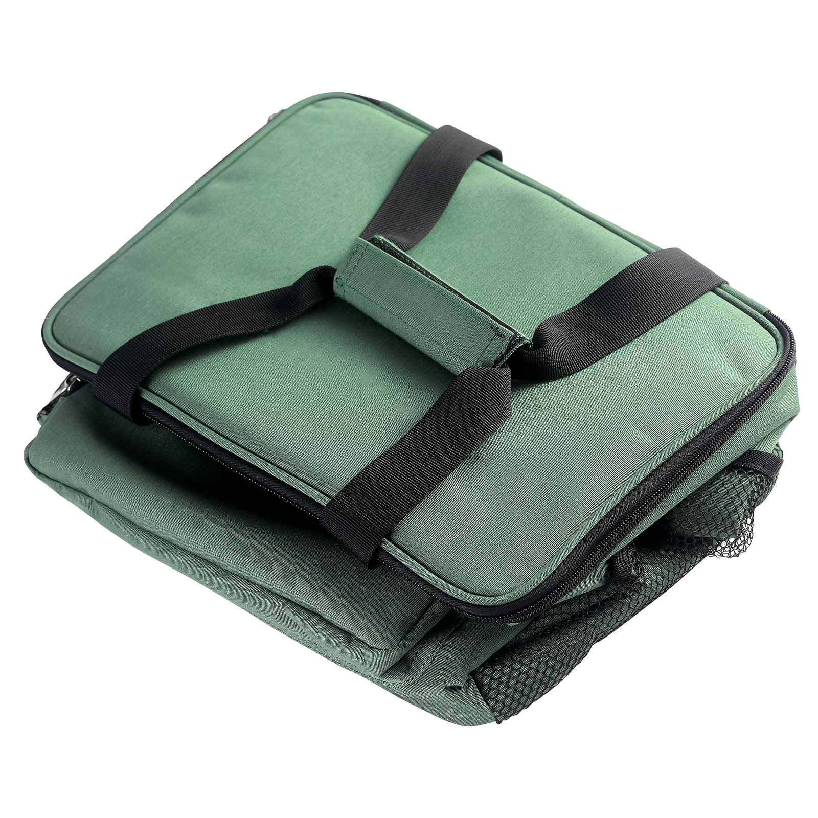 Groene geïsoleerde koeltas met zwarte handvatten en rits. Een mesh-vak zit aan de zijkant.