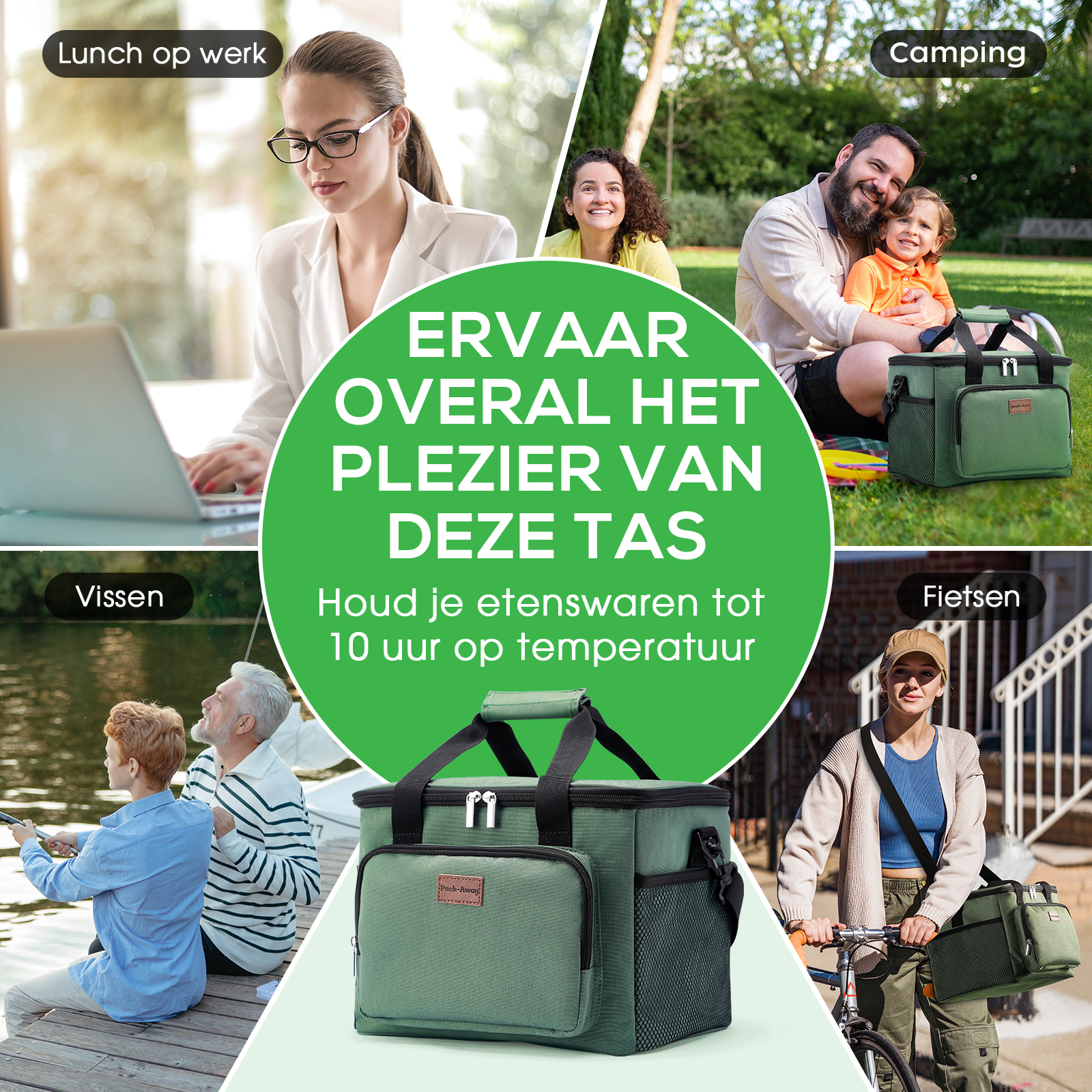 De afbeelding toont een groene koeltas met mensen in verschillende scènes: werk, kamperen, vissen en fietsen.