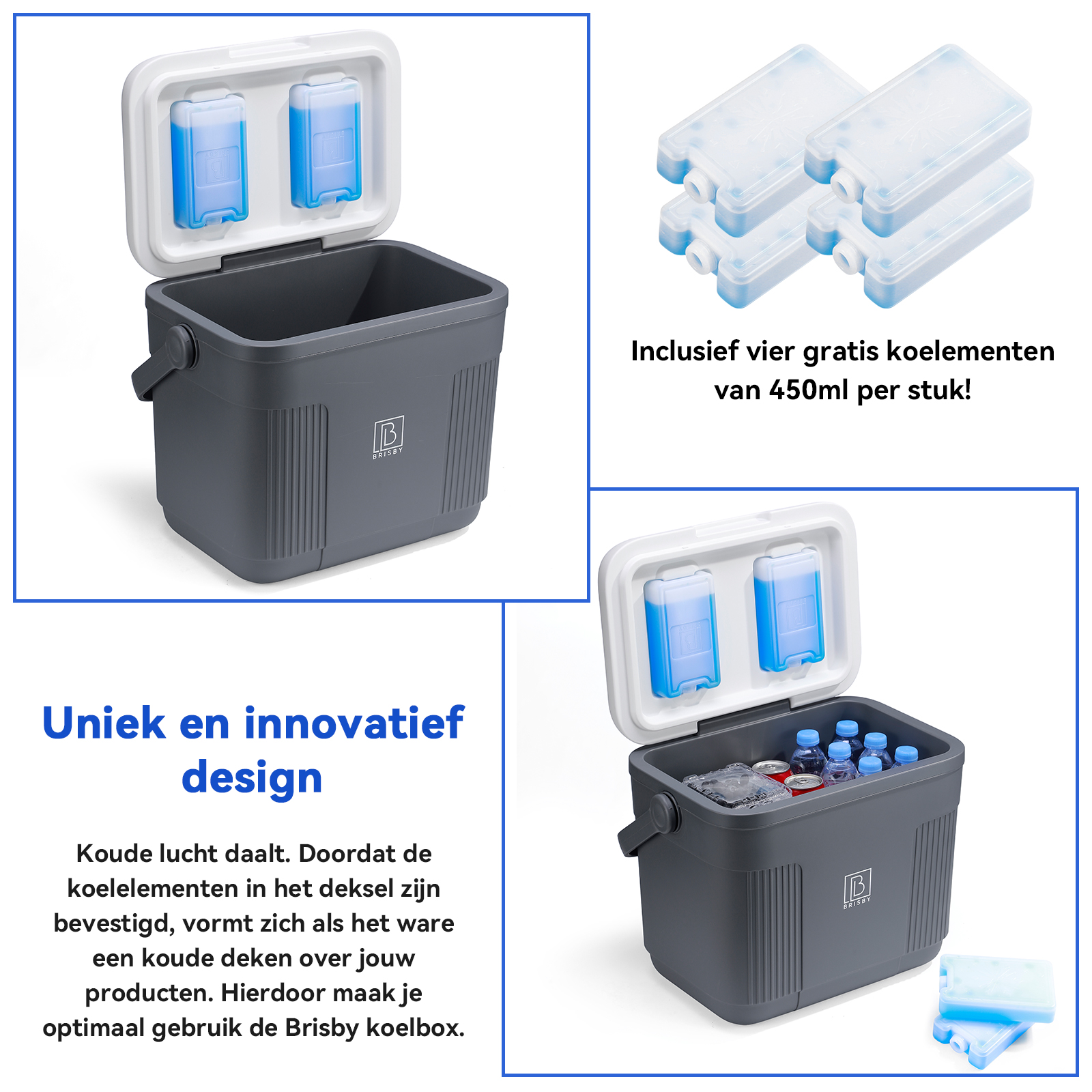 Een grijze koelbox met een open wit deksel met twee blauwe koelelementen. Het heeft een handvat en het merklogo.
