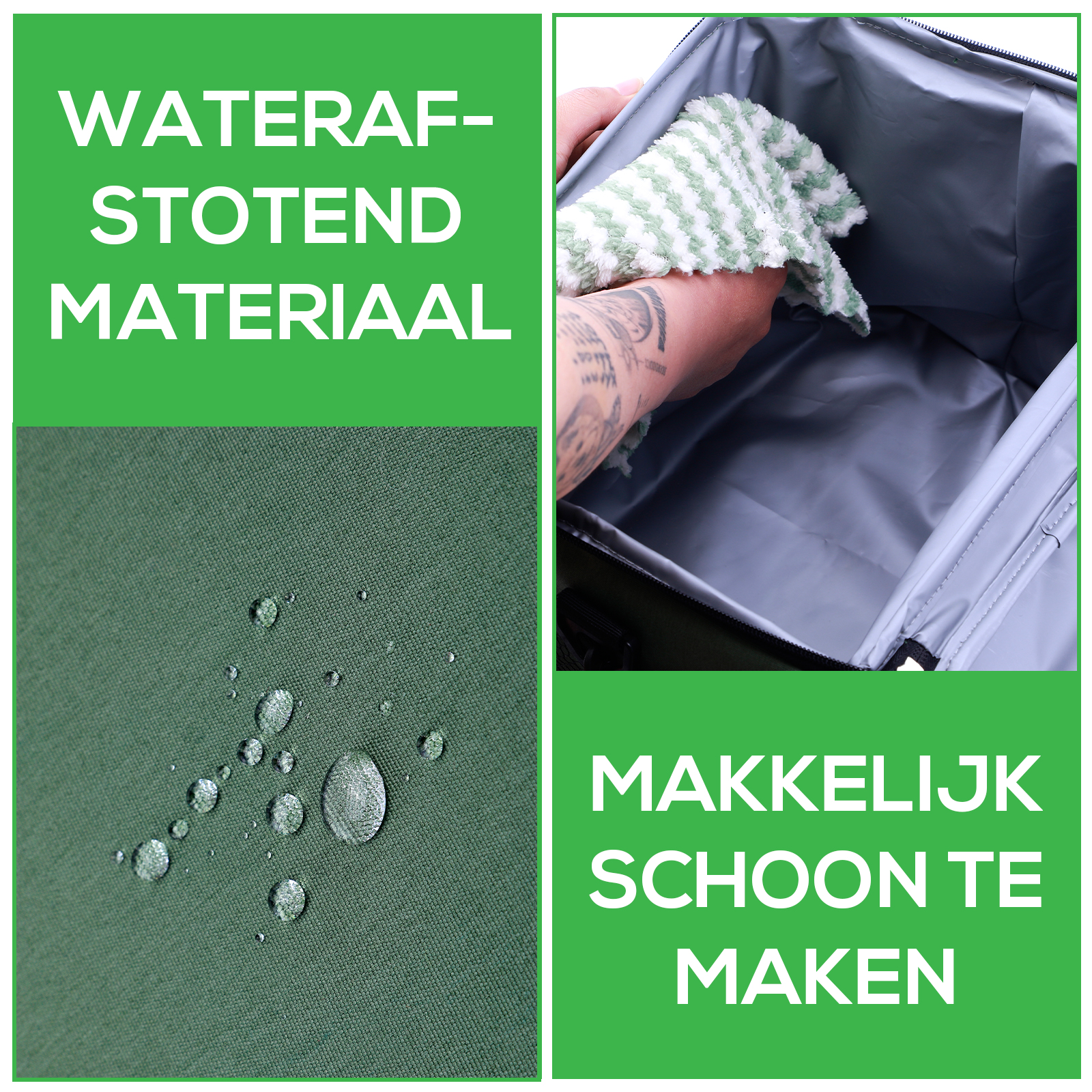 Afbeelding toont waterdicht materiaal met waterdruppels en het schoonmaken van een container met een handdoek. Tekst: Gemakkelijk schoon te maken.