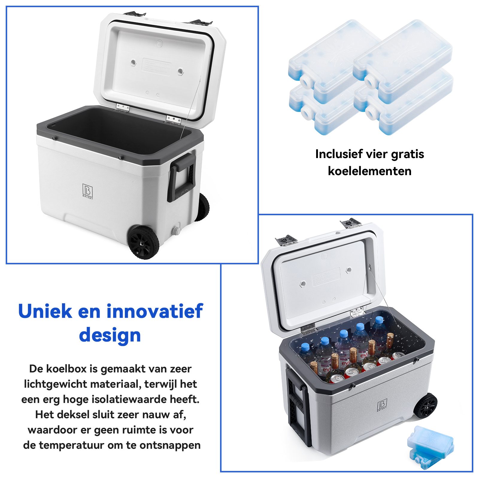 Een witte koeler met wielen en een open deksel. Bevat drankjes. Vier blauwe koelelementen zijn inbegrepen.