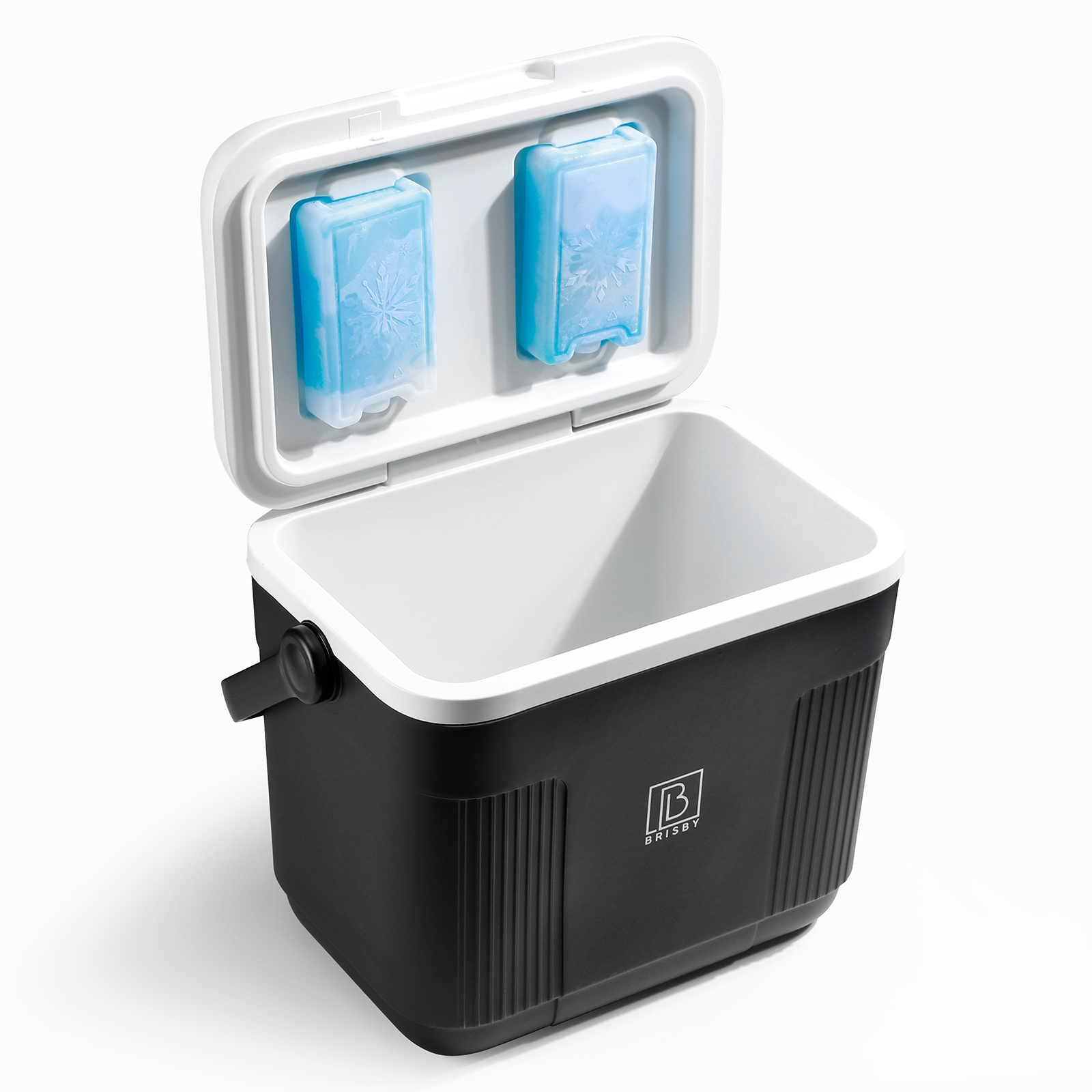 Een zwart-witte koelbox met open deksel, met twee blauwe koelelementen. De koelbox heeft een handvat.
