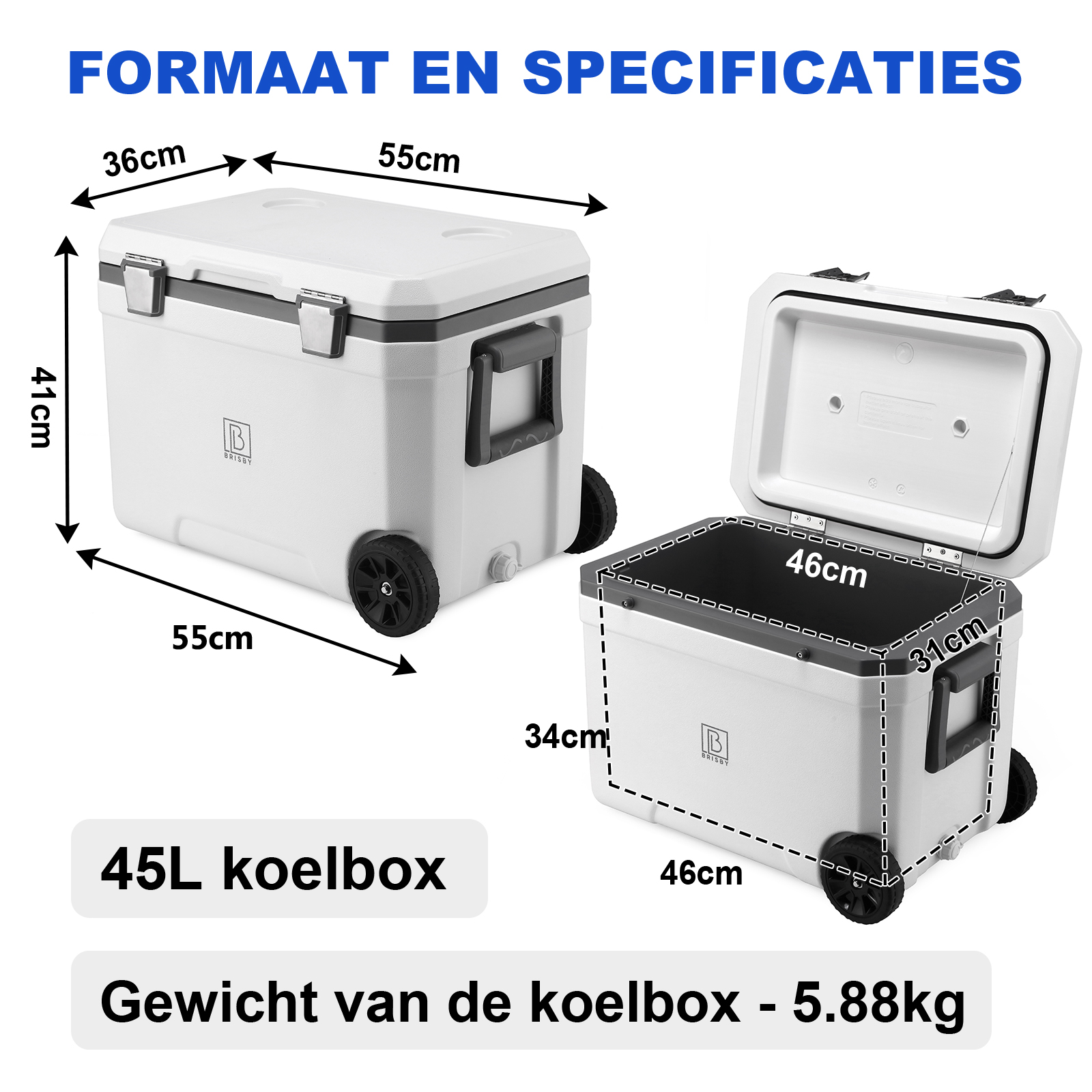 Twee witte koelboxen met afmetingen. Eén gesloten, één open. Tekst: 45L koelbox. Gewicht: 5,88 kg.