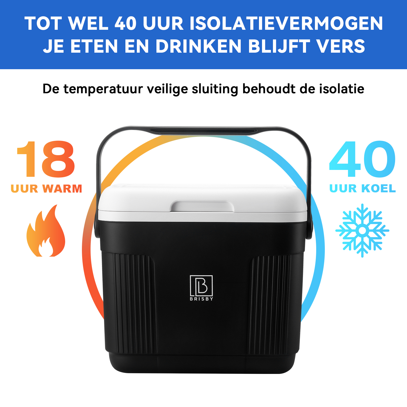 Een zwart-witte koelbox met handvat. Houdt voedsel 18 uur warm of 40 uur koel.