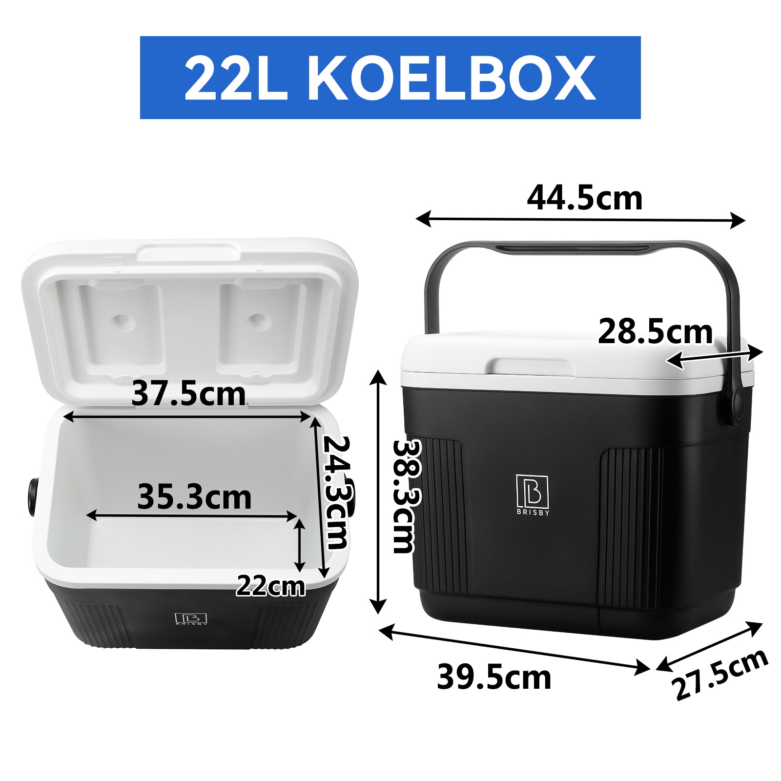 Een zwart-witte koelbox met afmetingen. Het deksel is open. De tekst '22L KOELBOX' staat bovenaan.