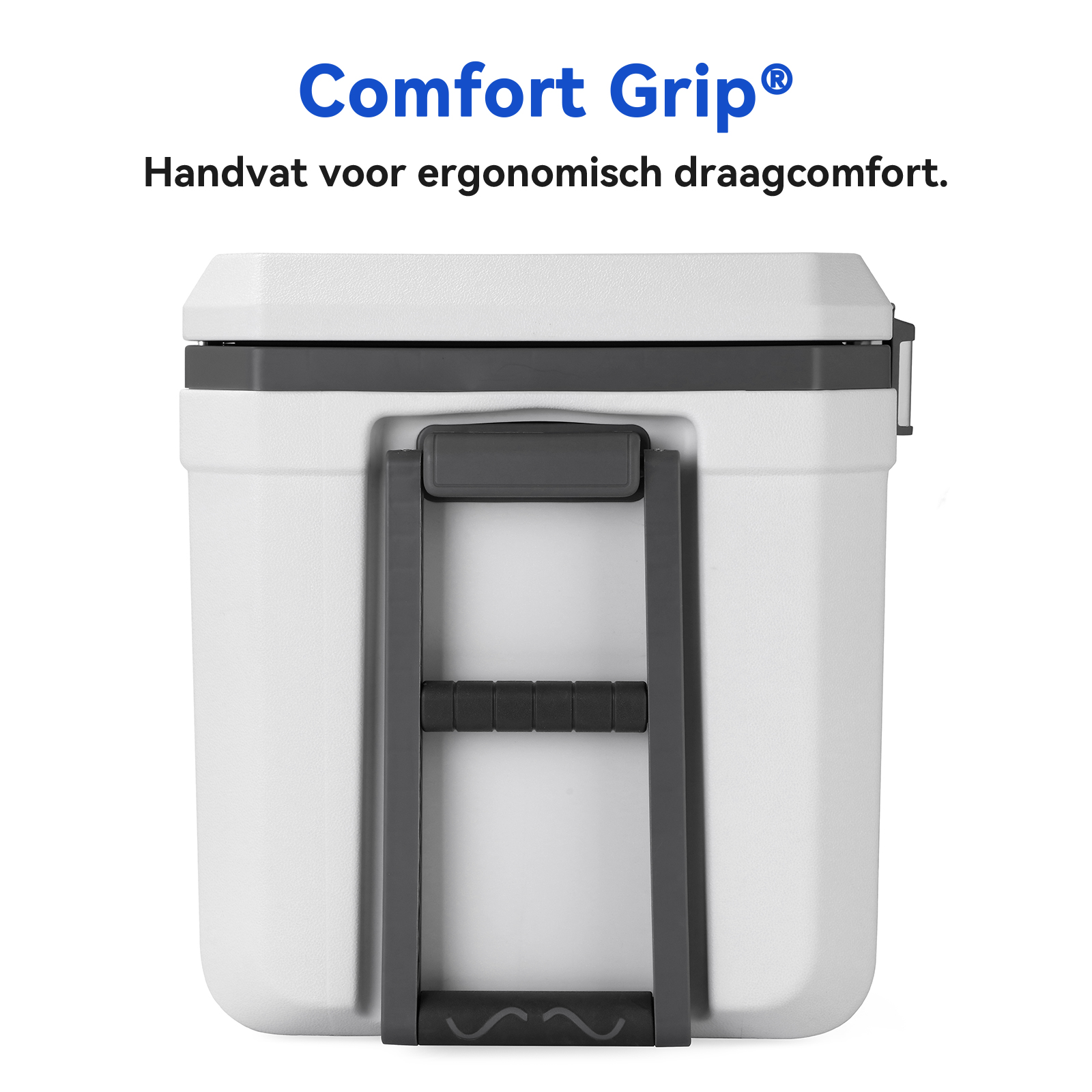 Witte koeler met grijze handgreep. De tekst 'Comfort Grip' staat boven de koeler.