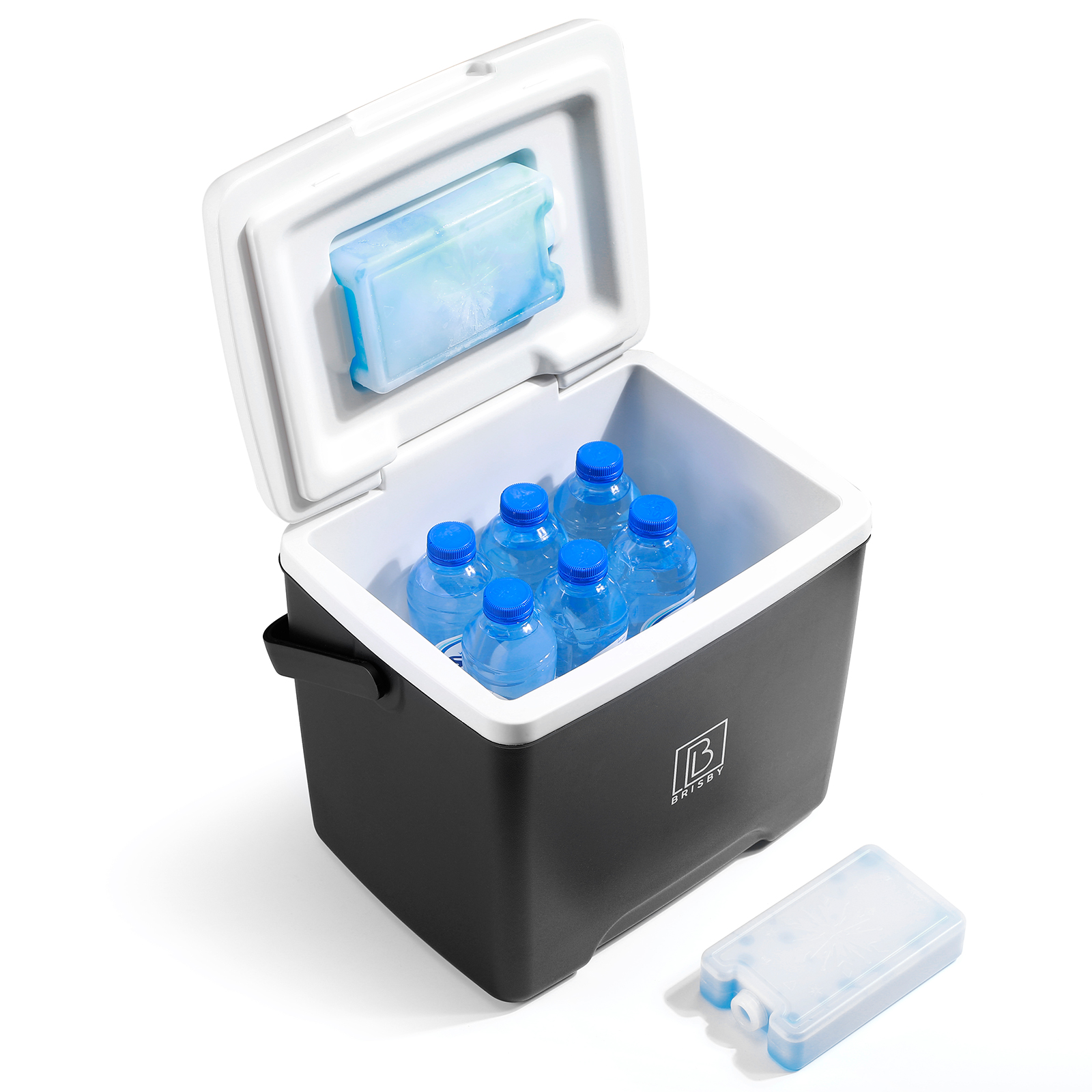 Een zwart-witte koeler met zes waterflessen erin. Koelpacks zitten in het deksel en aan de zijkant.