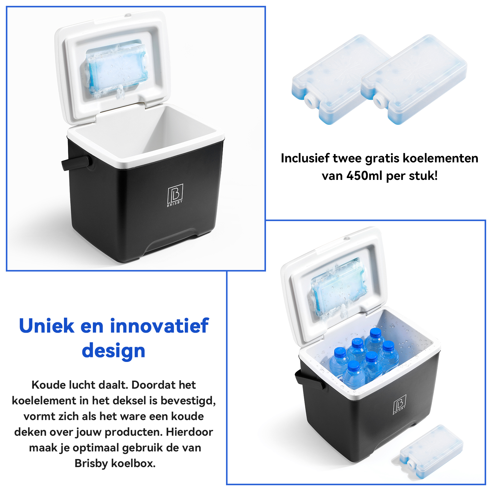 Een zwart-witte koelbox met open deksel, koelelement binnenin. Twee koelelementen rechts. Blauwe waterflessen binnenin.