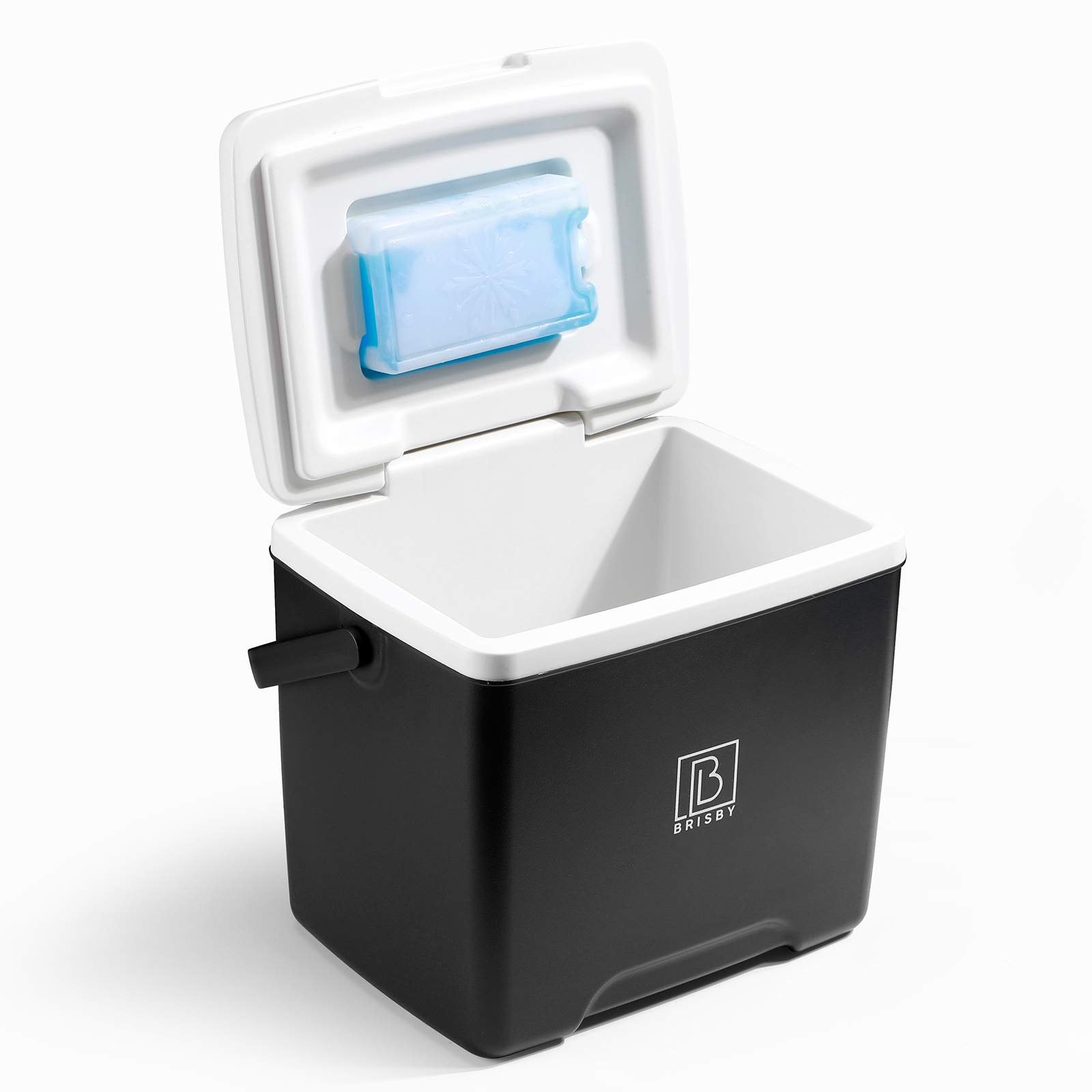 Zwart-witte koeler met open deksel, met een blauw icepack. De koeler heeft een handvat.