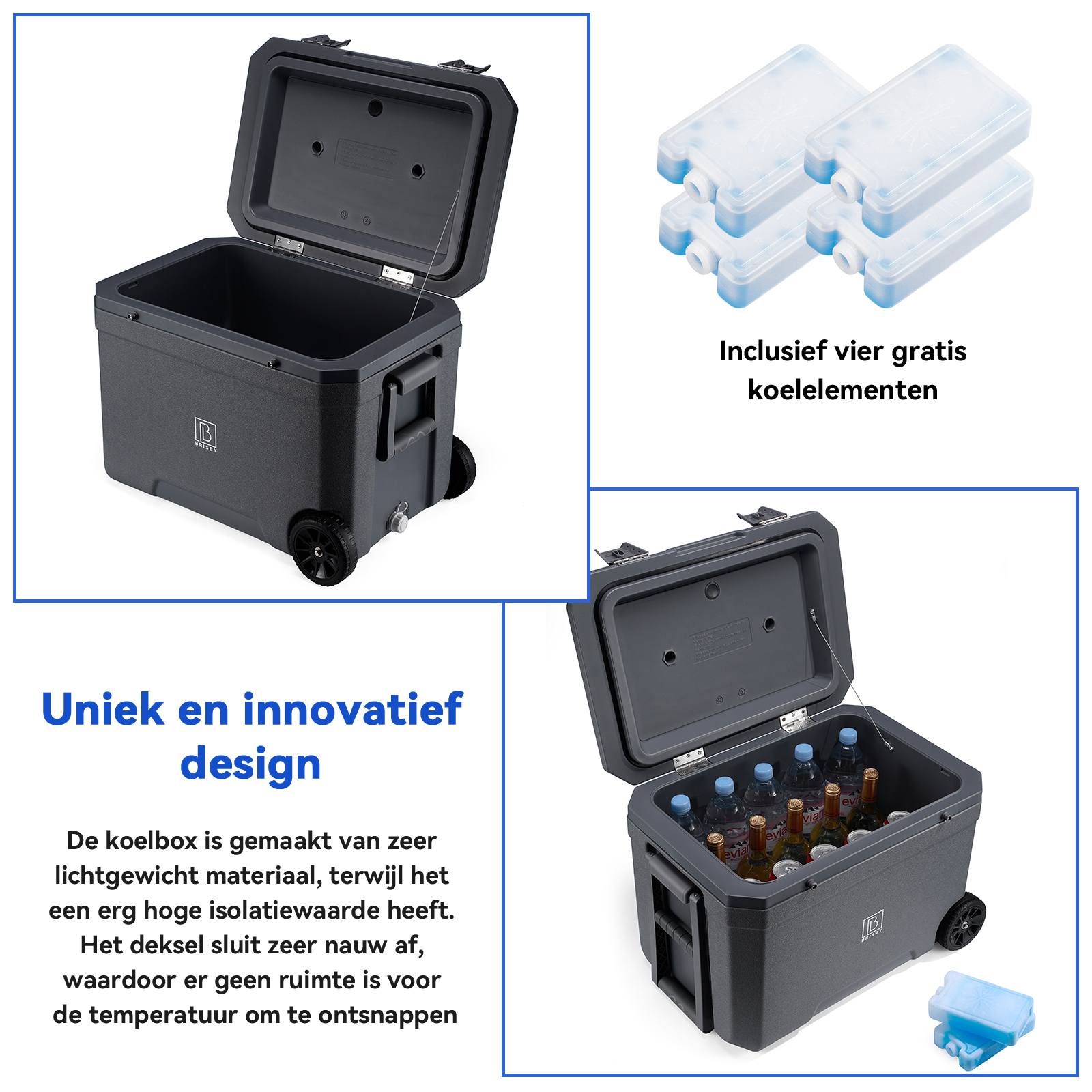 Een grijze koeler met een open deksel, wielen en koelelementen. In de koeler staan ​​waterflessen. De tekst luidt: 'Uniek en innovatief design'.
