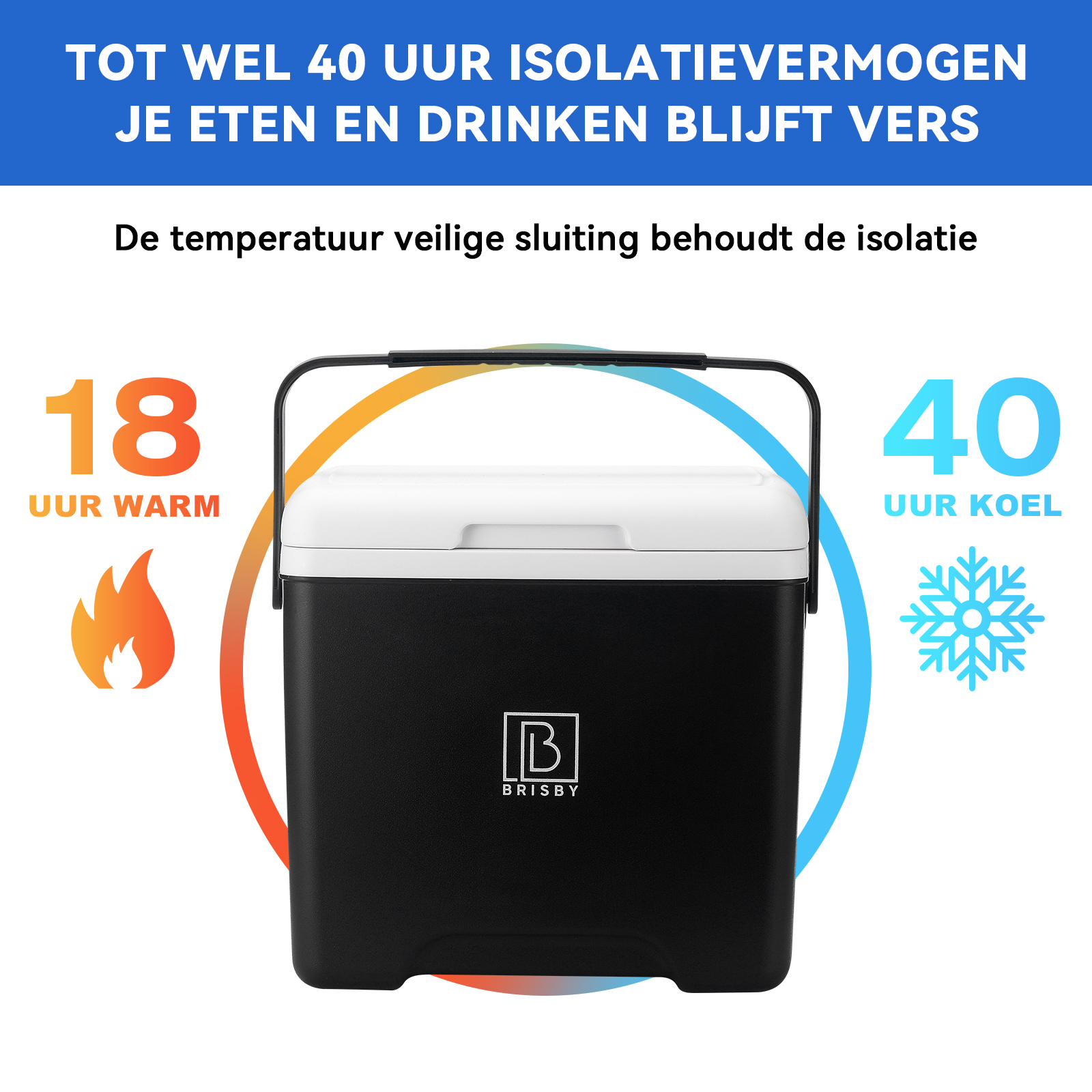 Zwarte koeler met wit deksel. Tekst zegt: houdt eten 18 uur warm, 40 uur koud. Heeft een handvat.