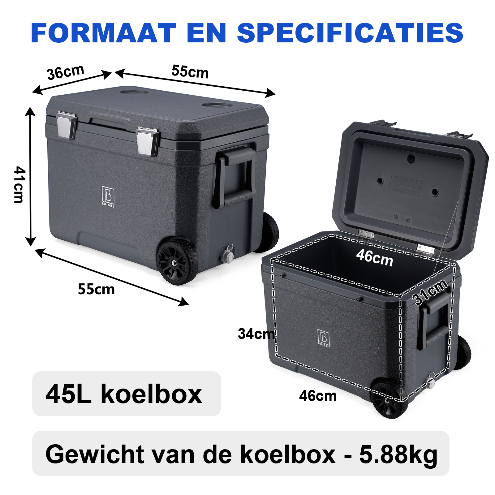 Afbeelding toont een donkergrijze koeler met afmetingen. Eén koeler is gesloten, de andere open. Tekst geeft volume en gewicht aan.