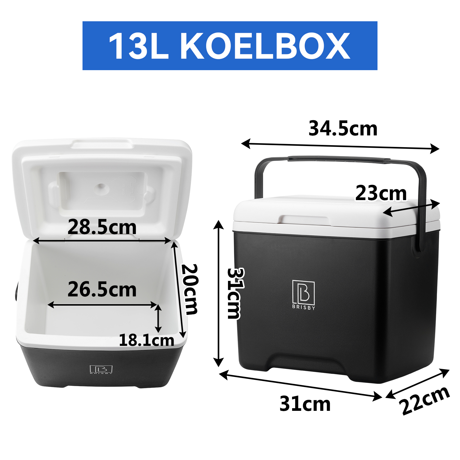 Een wit en zwarte koelbox met het label '13L KOELBOX'. Afmetingen zijn gegeven. Open koelbox toont wit van binnen.