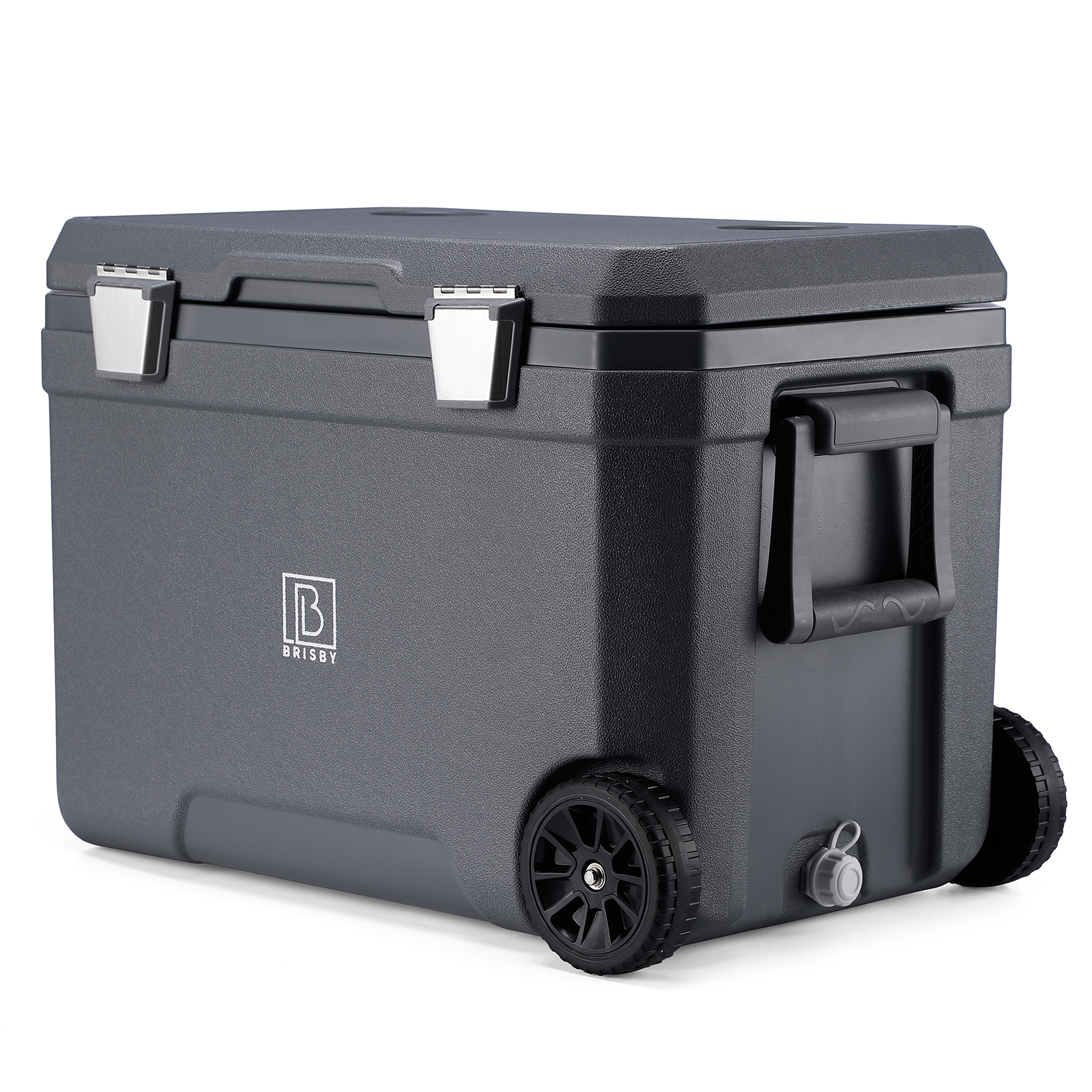 Een grijze koelbox met wielen. Het heeft een handvat en grendels. De merknaam is zichtbaar.